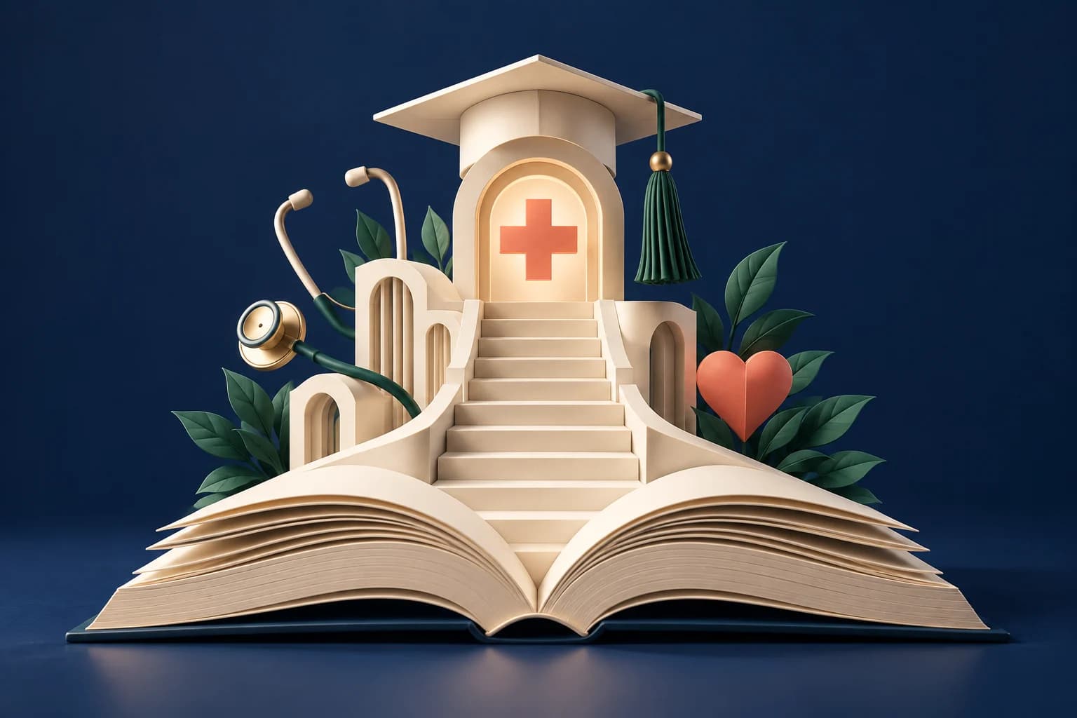 Healthcare marketing education: an open ivory book becoming a stepped learning structure with a graduation tassel and medical cross