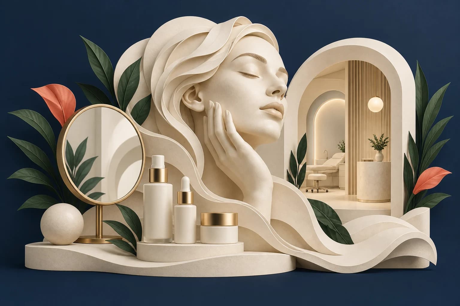 Dermatology practice marketing: layered ivory organic skin-inspired forms, a fine mirror, clinical skincare bottles and refined clinic architecture