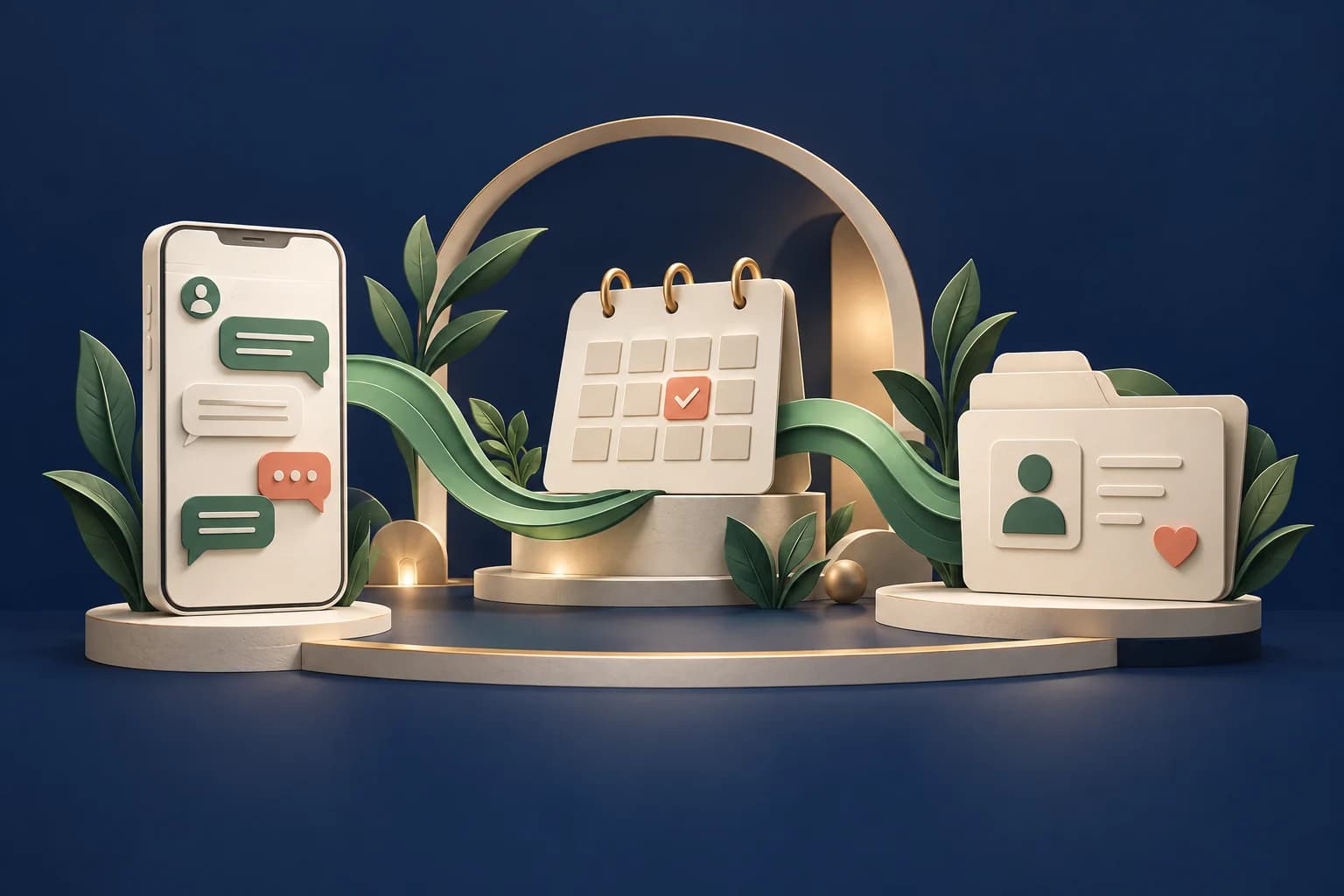 Patient enquiry automation: flowing green paths connecting a smartphone conversation, scheduling calendar and patient folder