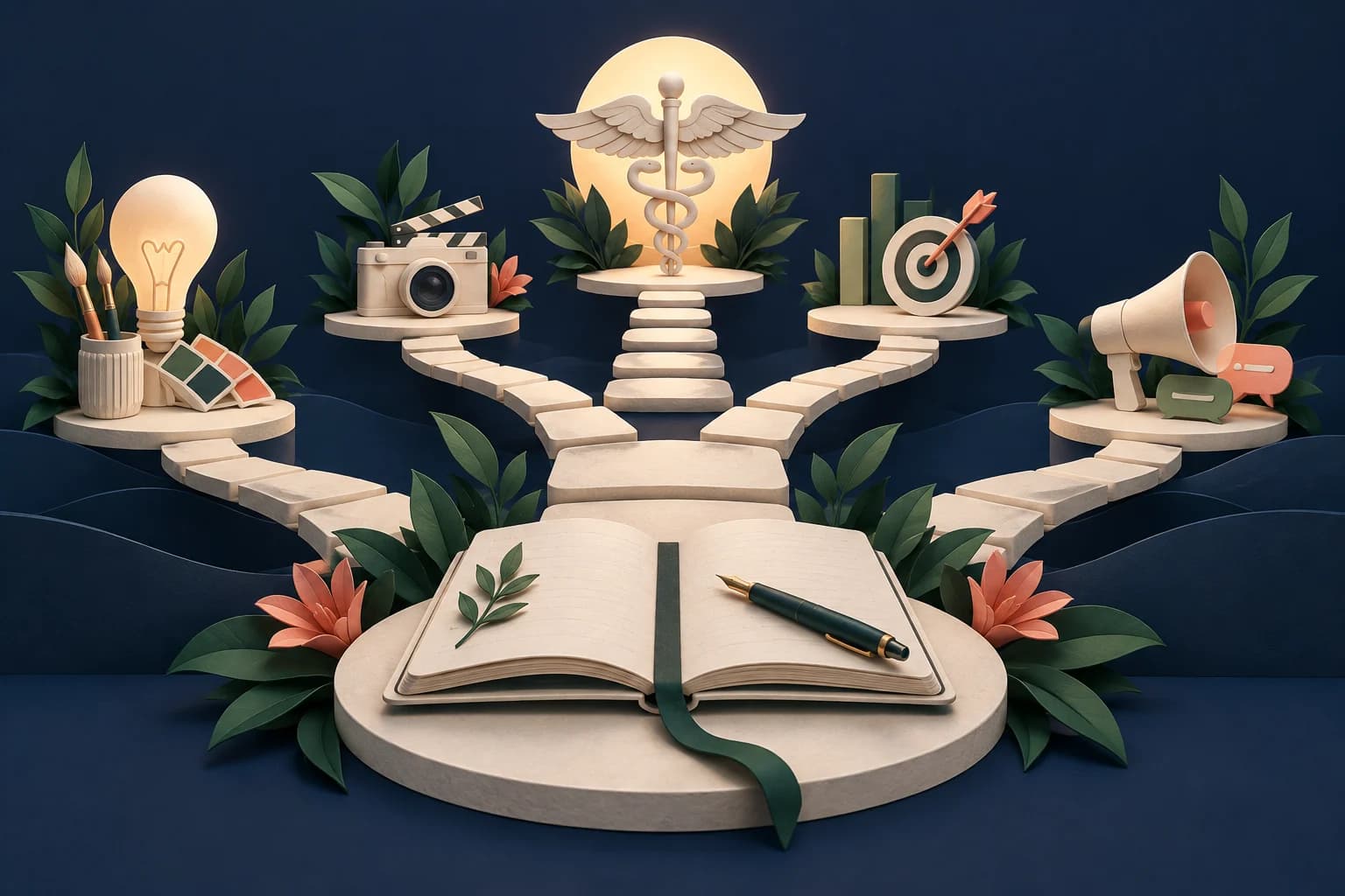 Healthcare marketing careers: an elegant branching path of ivory stepping stones with distinct creative tools and an open notebook