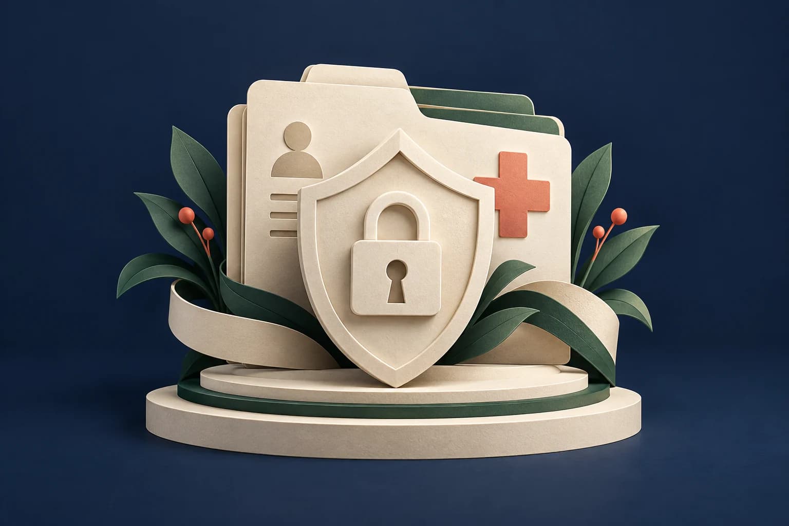 Healthcare data protection: an ivory shield and lock protecting an abstract patient folder and medical cross