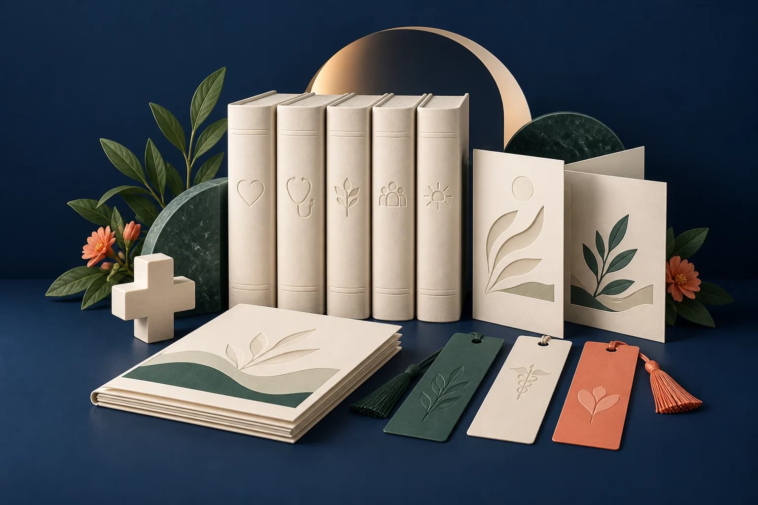 Healthcare marketing resources: an elegant library of ivory field guides, folded editorial sheets and bookmarks with a small sculptural medical cross