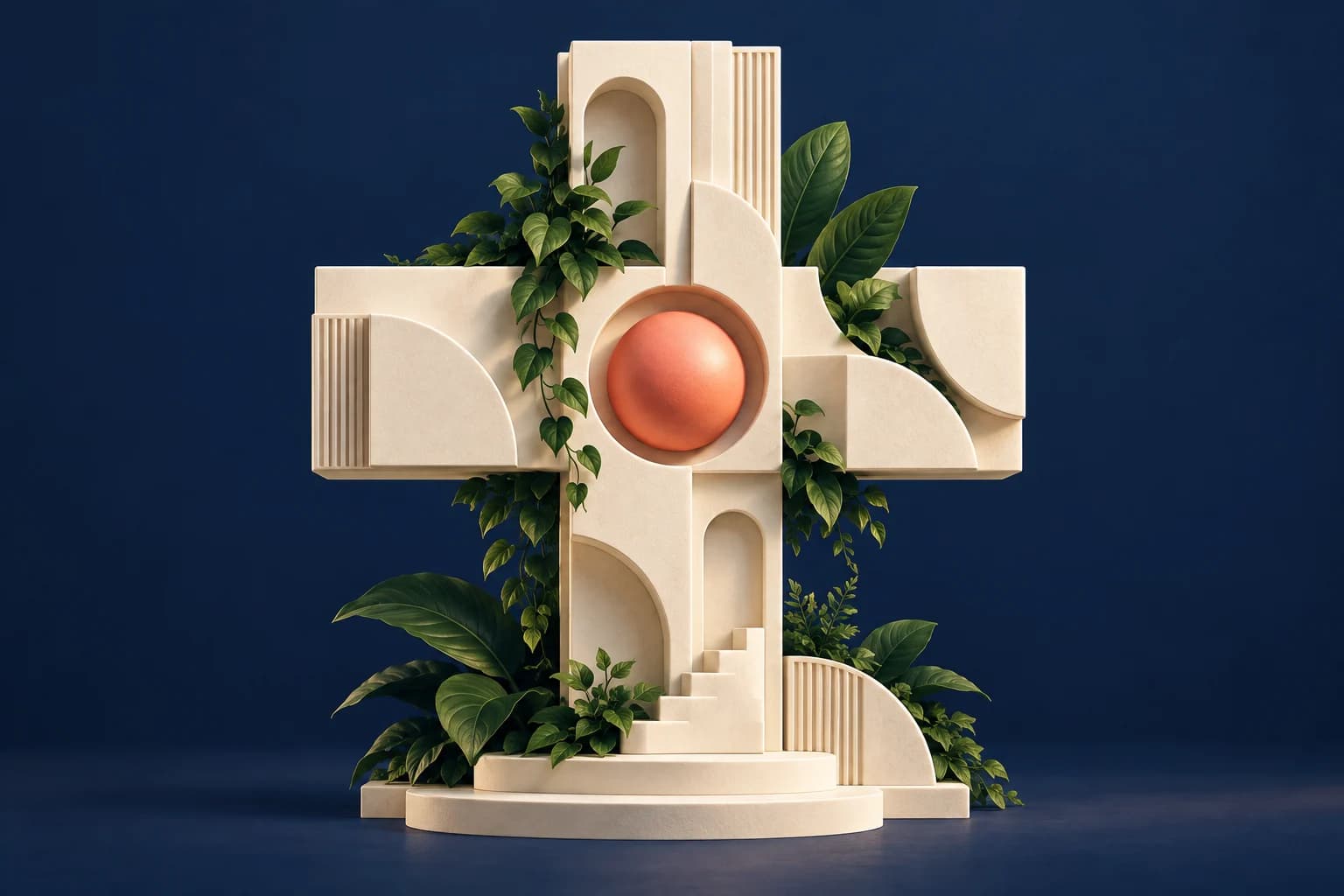 Healthcare creative strategy: a sculptural medical cross formed from elegant ivory architectural blocks with forest green foliage and a coral sphere