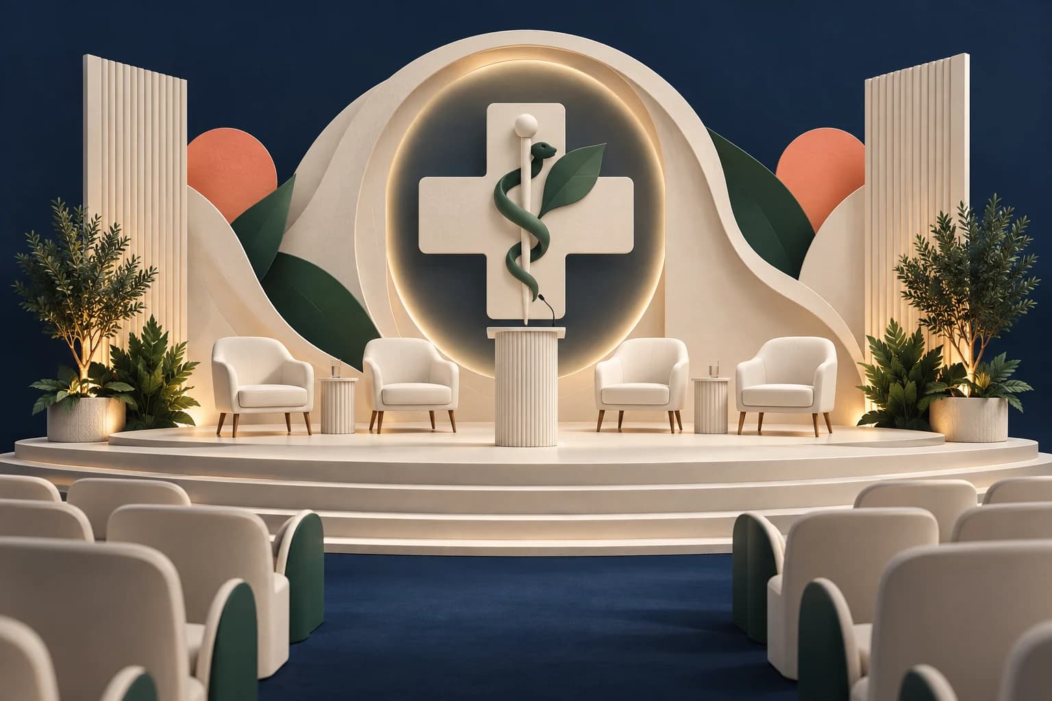 Healthcare events: a sculptural presentation stage with empty chairs, a microphone and a medical-shaped backdrop