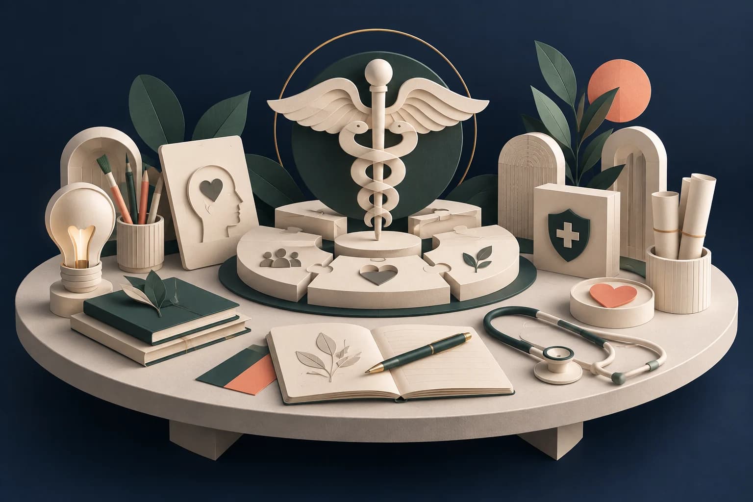 Our healthcare marketing agency: a sculptural roundtable of distinct creative tools, notebooks and connected medical strategy pieces