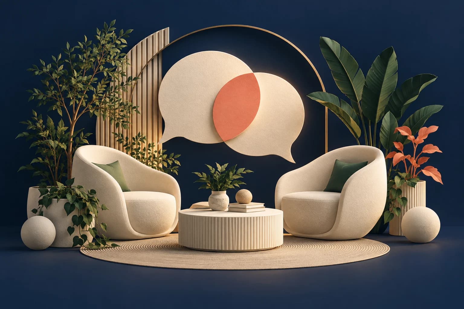 Mental health practice marketing: a tranquil sculptural conversation space with two curved seats, foliage and connected conversation forms