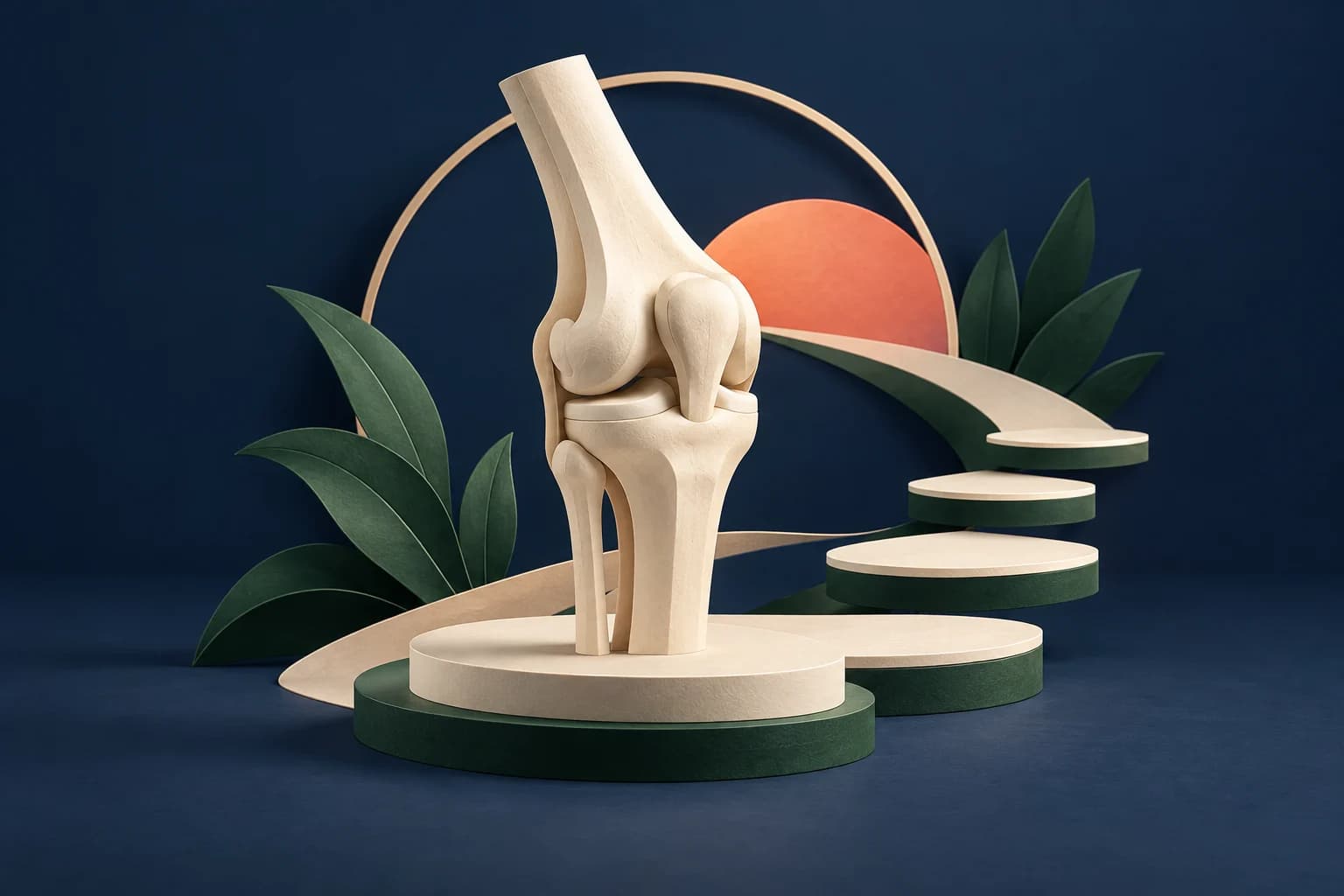 Orthopedic practice marketing: a minimal articulated ivory knee-joint model and rhythmic stepping platforms expressing movement