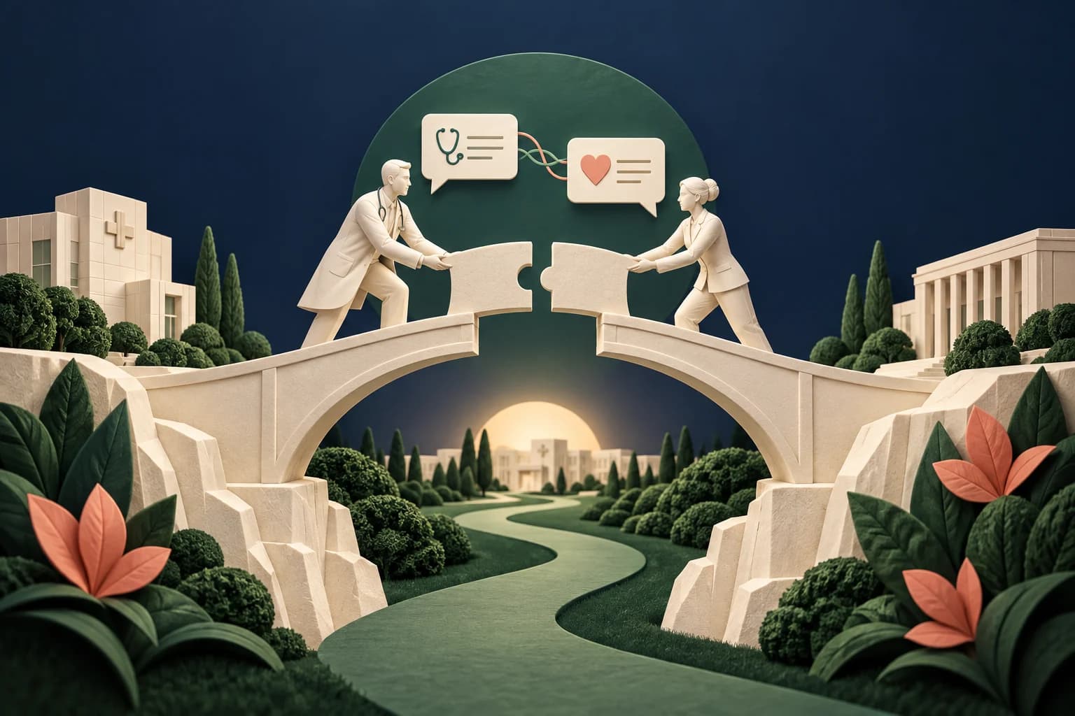 Healthcare partnerships: two complementary ivory bridge segments joining over a green path, with linked conversation cards