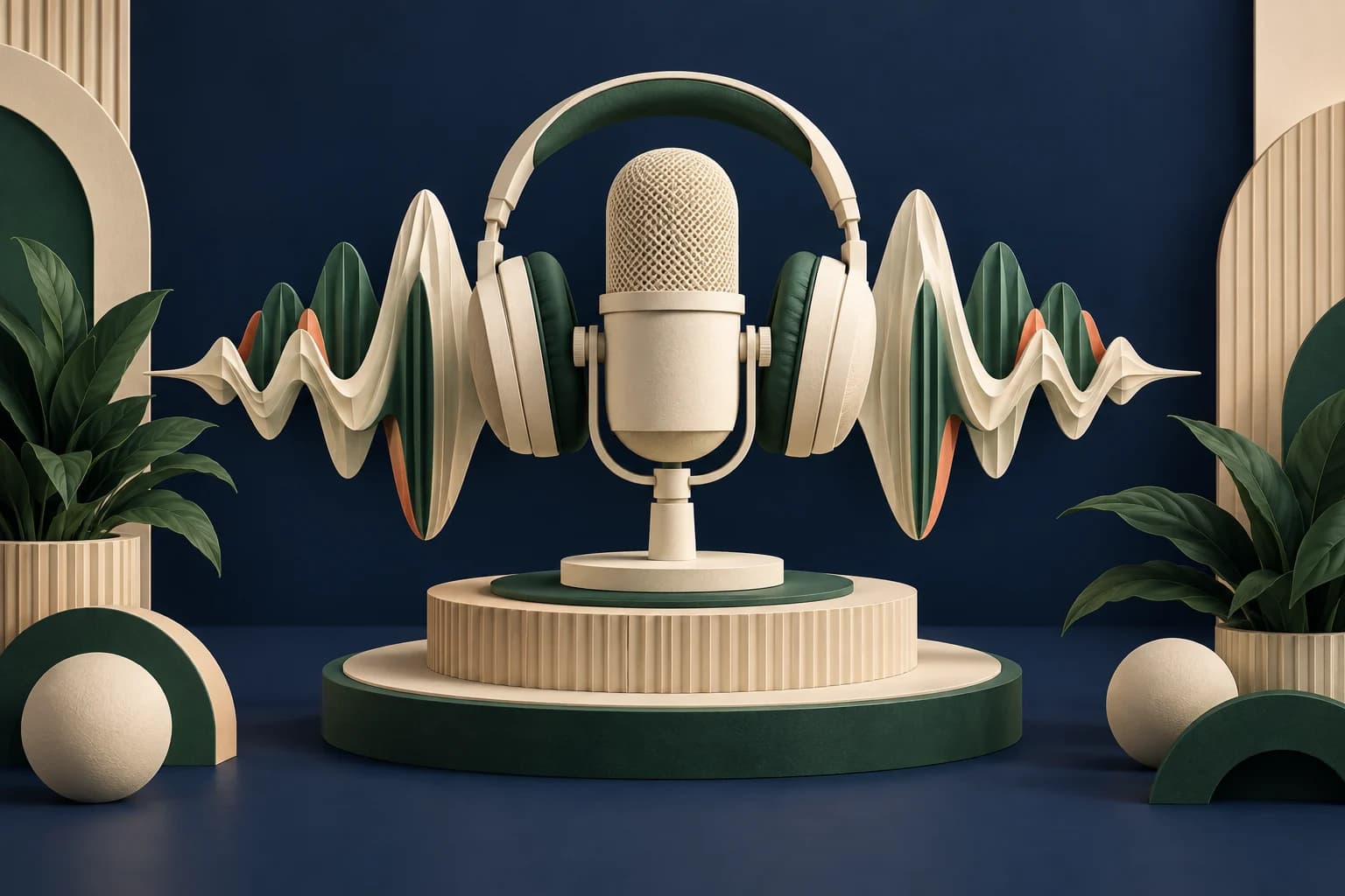 Healthcare video and podcasts: a premium studio microphone, headphones and sculptural audio waveform in ivory and forest green