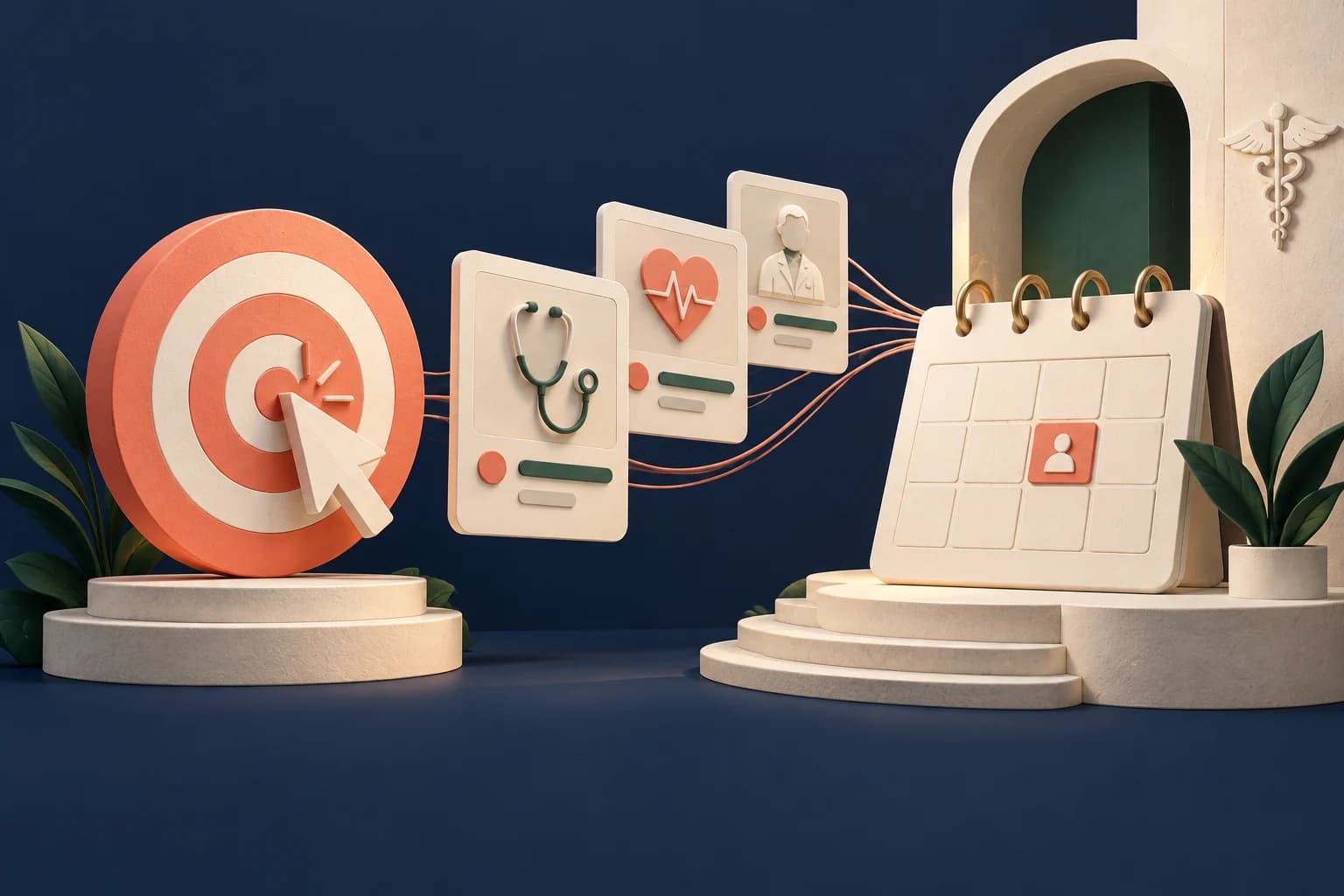 Healthcare paid advertising: a coral precision target with cursor and campaign cards leading to a medical appointment calendar