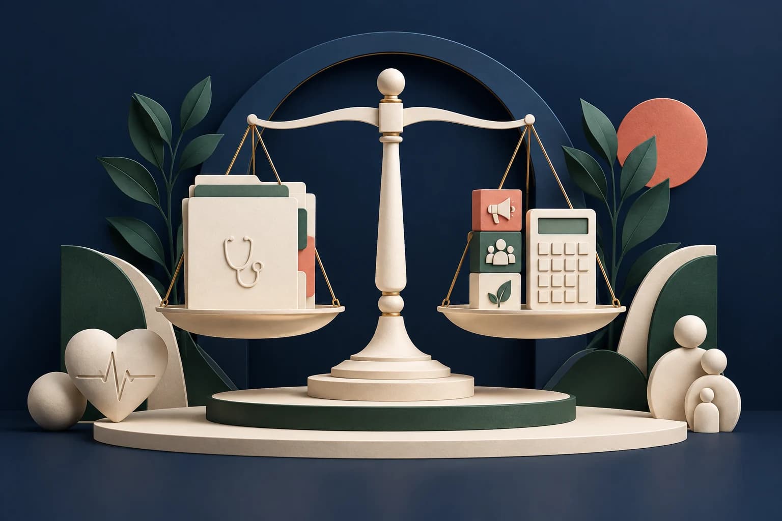 Healthcare marketing planning: a balanced sculptural scale with an organized scope folder, modular service blocks and a calculator without digits
