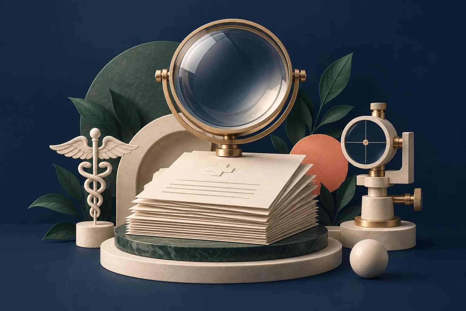 Healthcare marketing measurement: an elegant optical lens above an organized set of unnumbered report pages and a precise calibration instrument