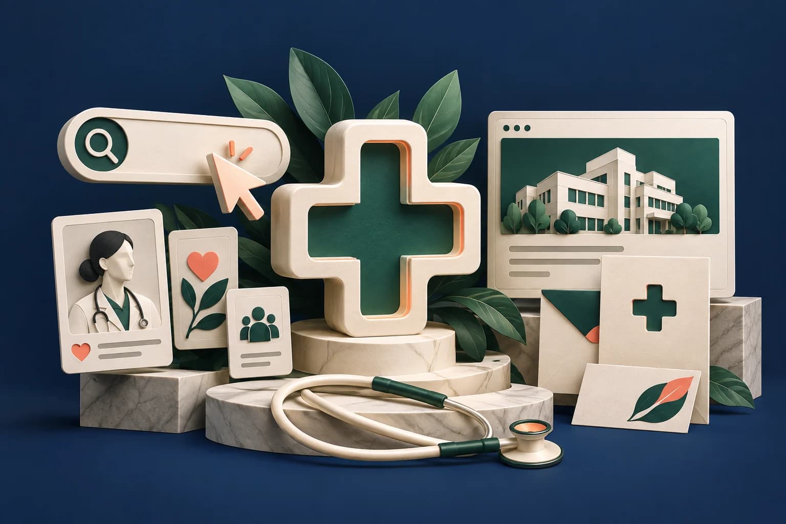 Healthcare marketing services: a coordinated collection of search lens, ad cursor, social cards, website screen and brand stationery around a medical cross