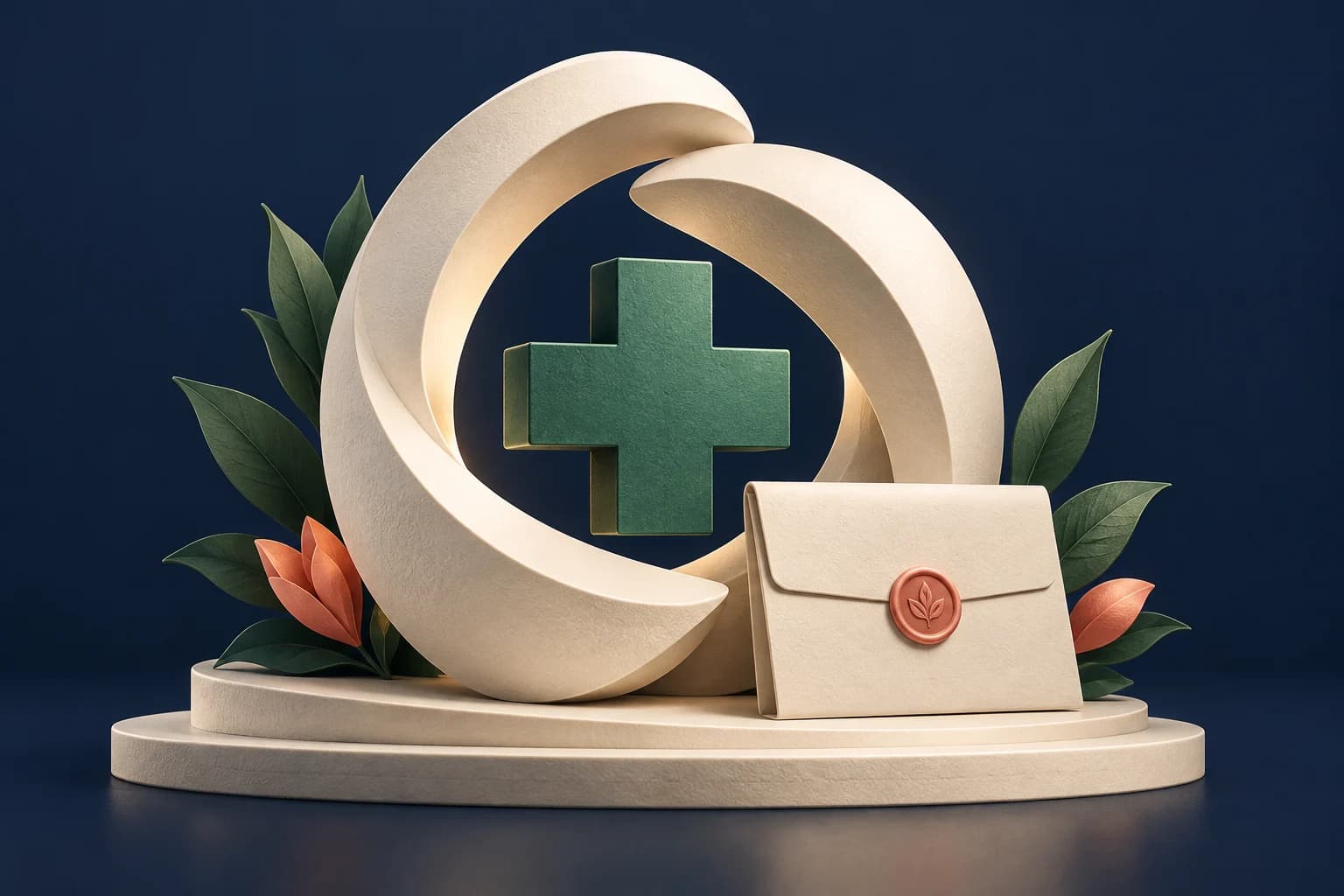 Healthcare client relationships: two interlocking sculptural ivory arcs protecting a green medical cross, with a sealed folder