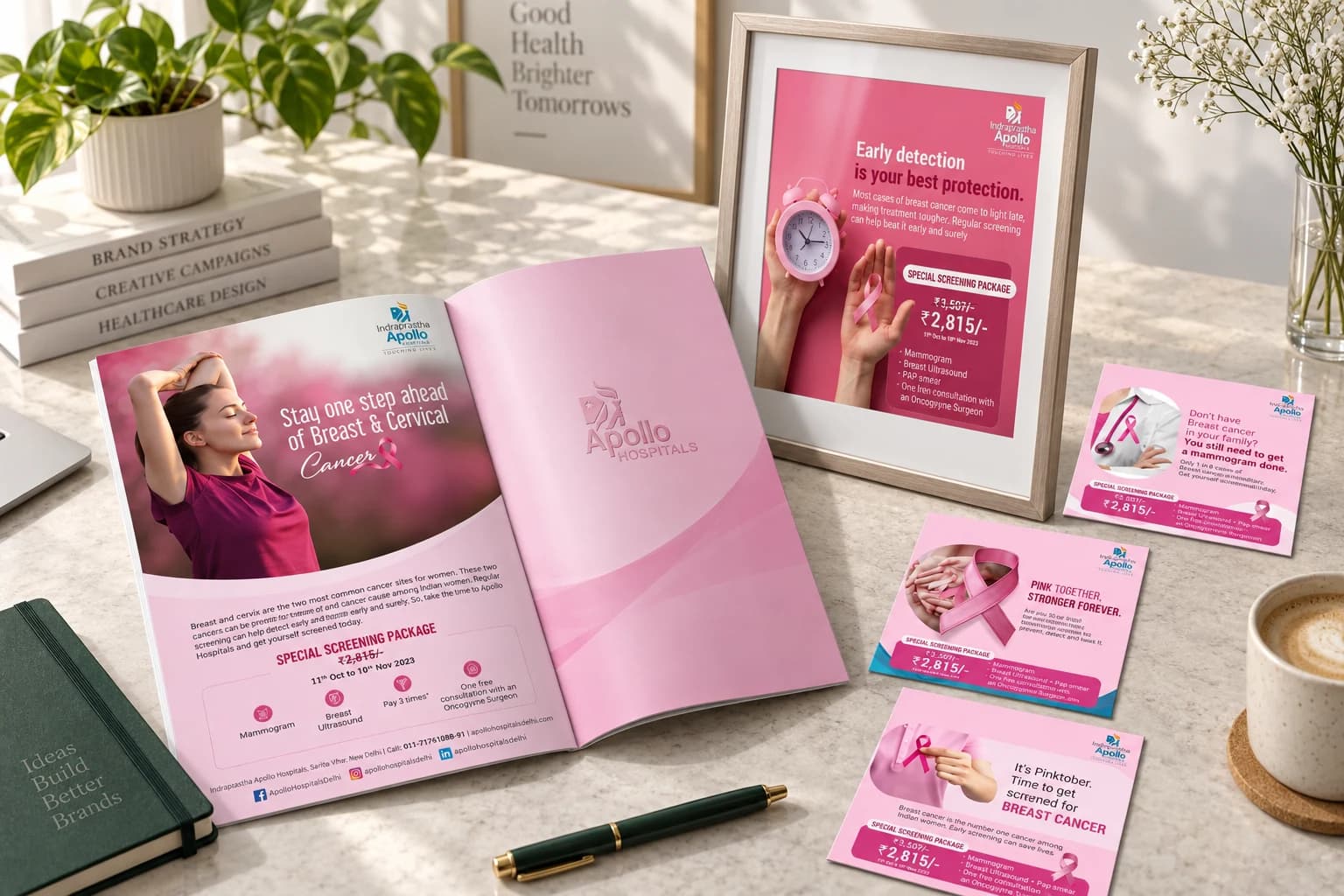 Indraprastha Apollo screening campaign presented as a brochure, framed poster and social cards in an AI-staged setting