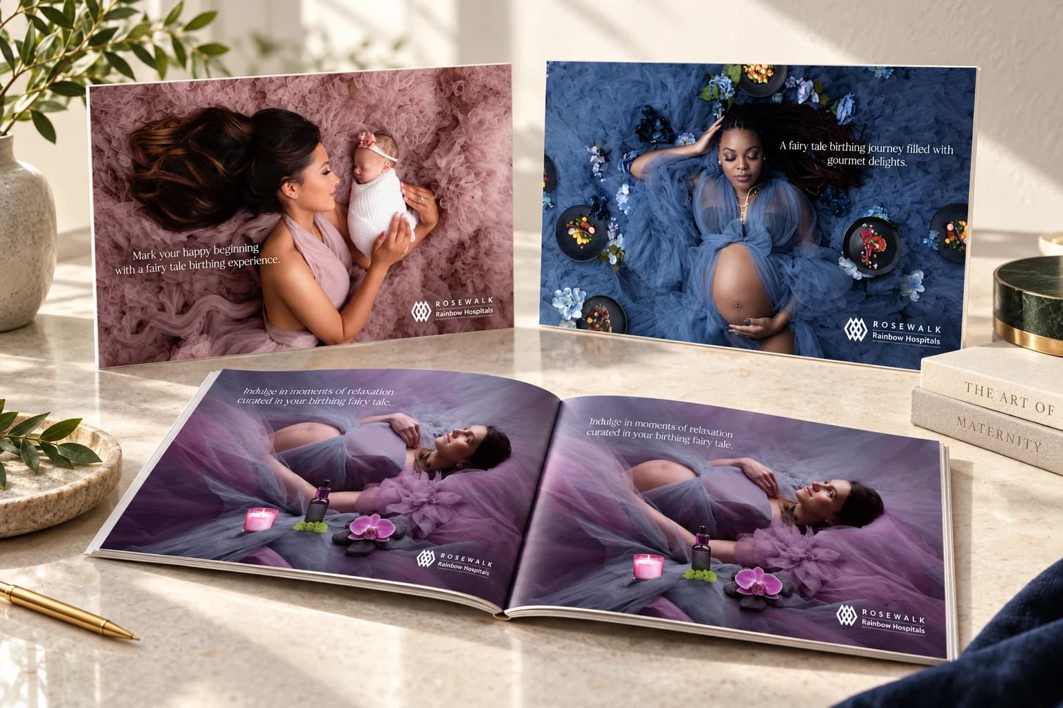 Rosewalk maternity campaign artwork with its existing logo, presented as printed boards and a brochure in an AI-staged setting