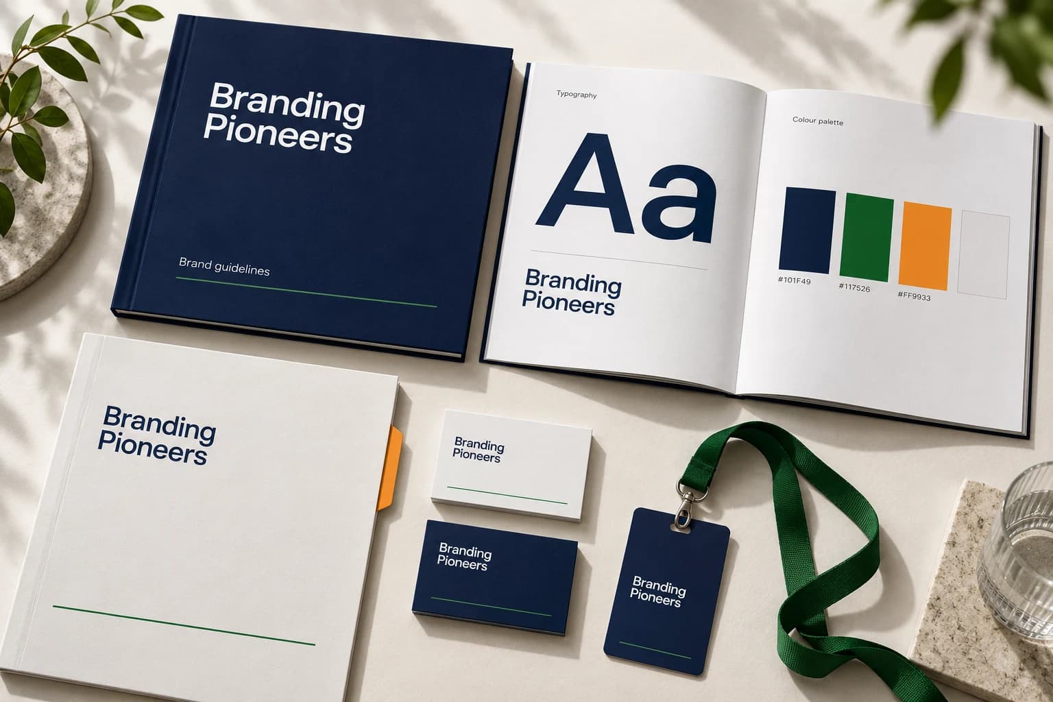 Branding Pioneers identity presentation with a guideline booklet, typography and colour specimens, and coordinated stationery applications.