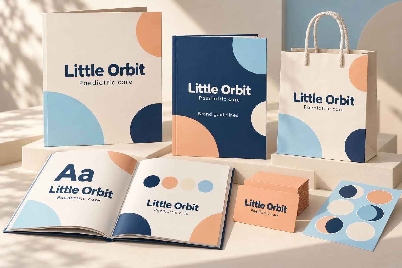 Little Orbit identity presentation with a guideline booklet, typography and colour specimens, and coordinated stationery applications.
