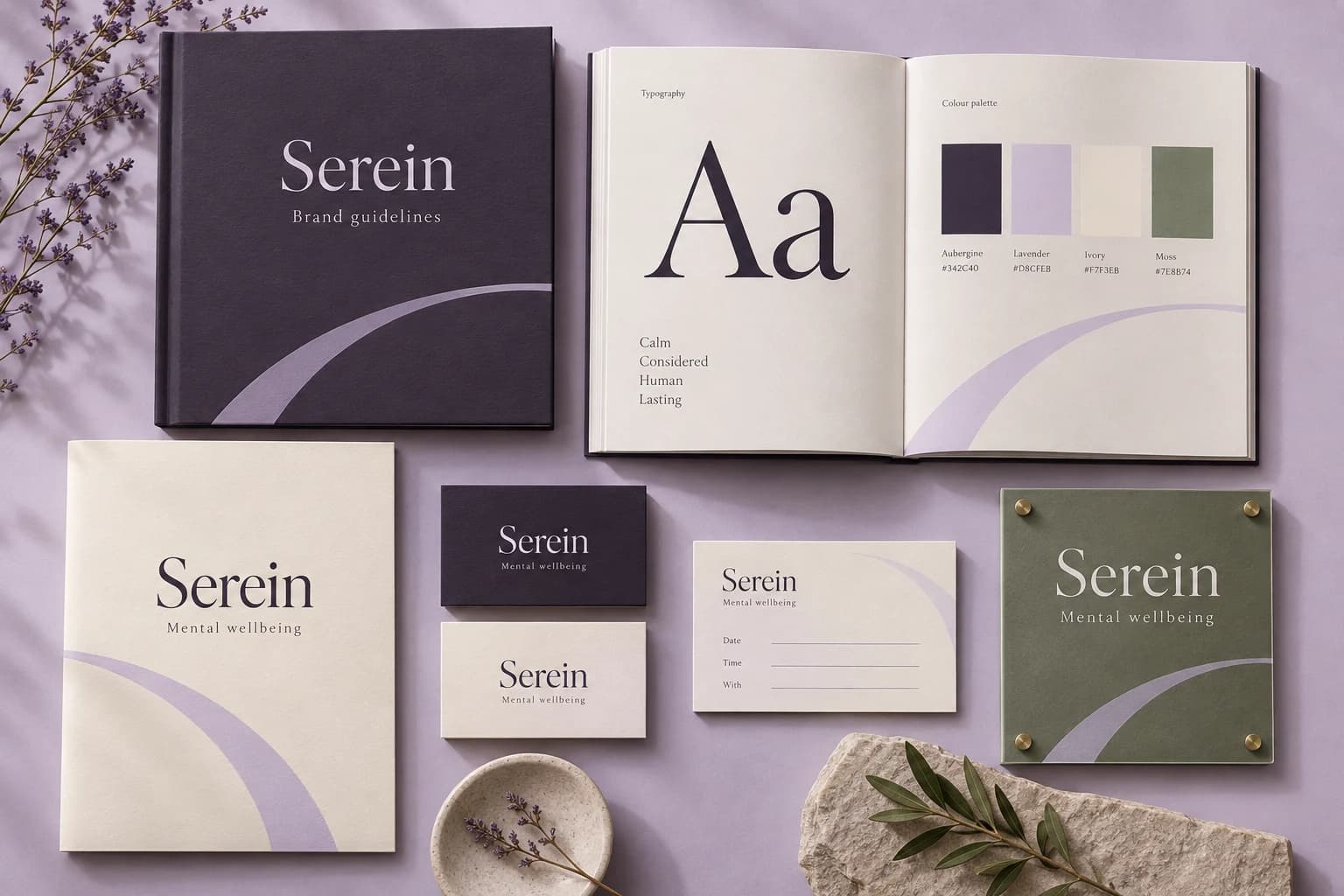Serein identity presentation with a guideline booklet, typography and colour specimens, and coordinated stationery applications.