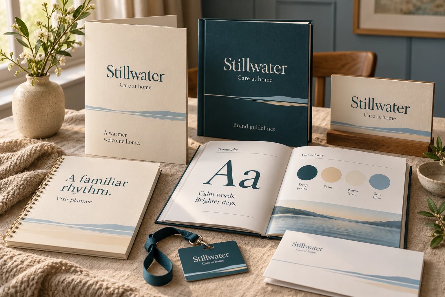 Stillwater identity presentation with a guideline booklet, typography and colour specimens, and coordinated stationery applications.