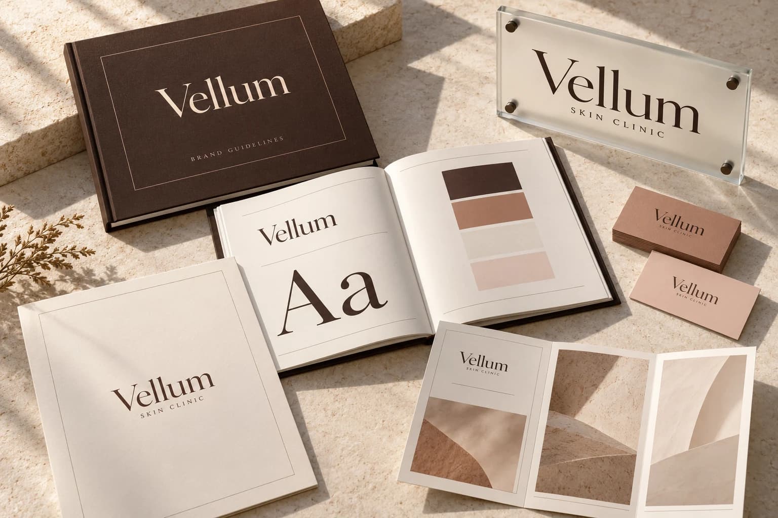 Vellum identity presentation with a guideline booklet, typography and colour specimens, and coordinated stationery applications.