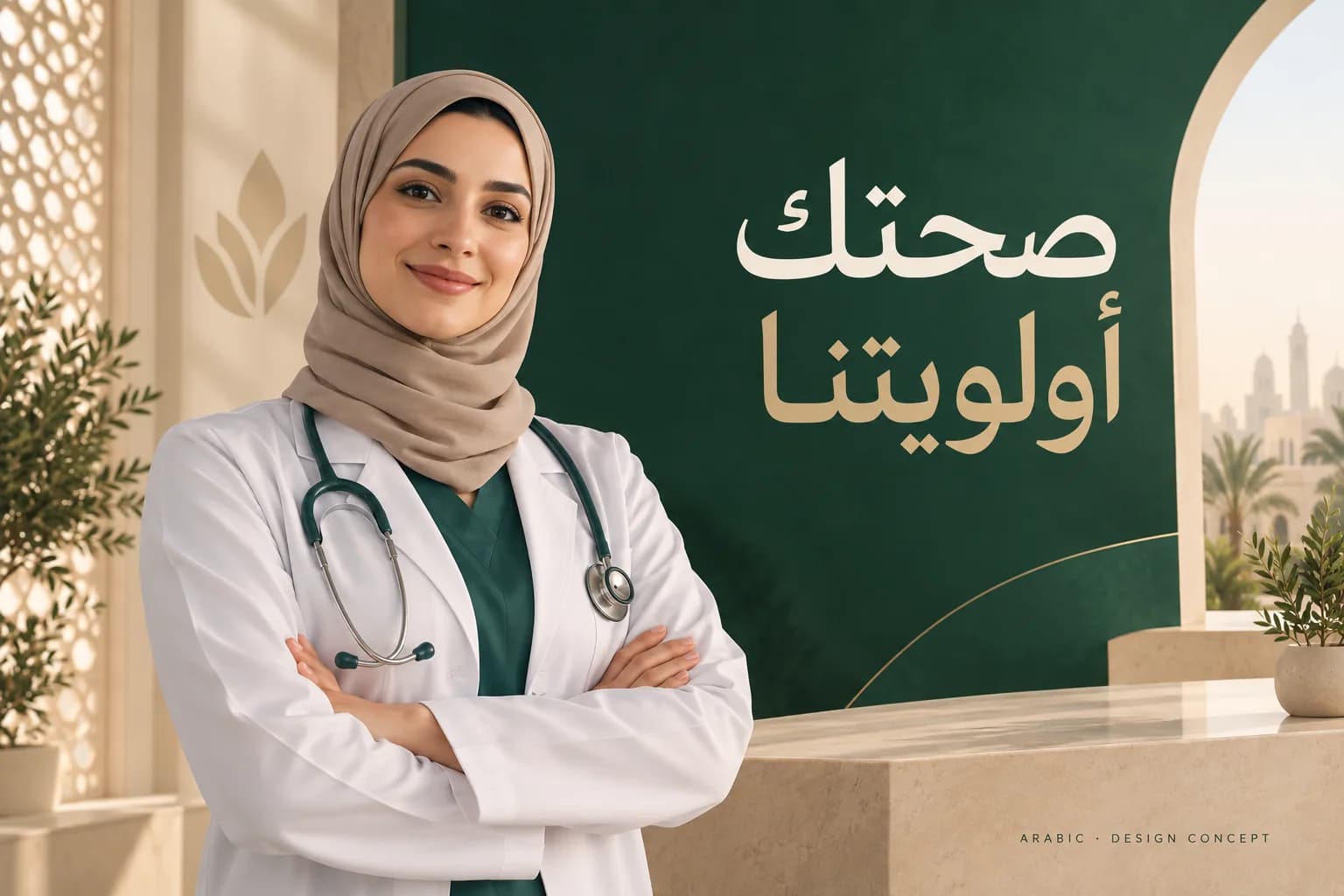 Arabic healthcare poster concept with right-aligned Arabic headline and female physician in hijab