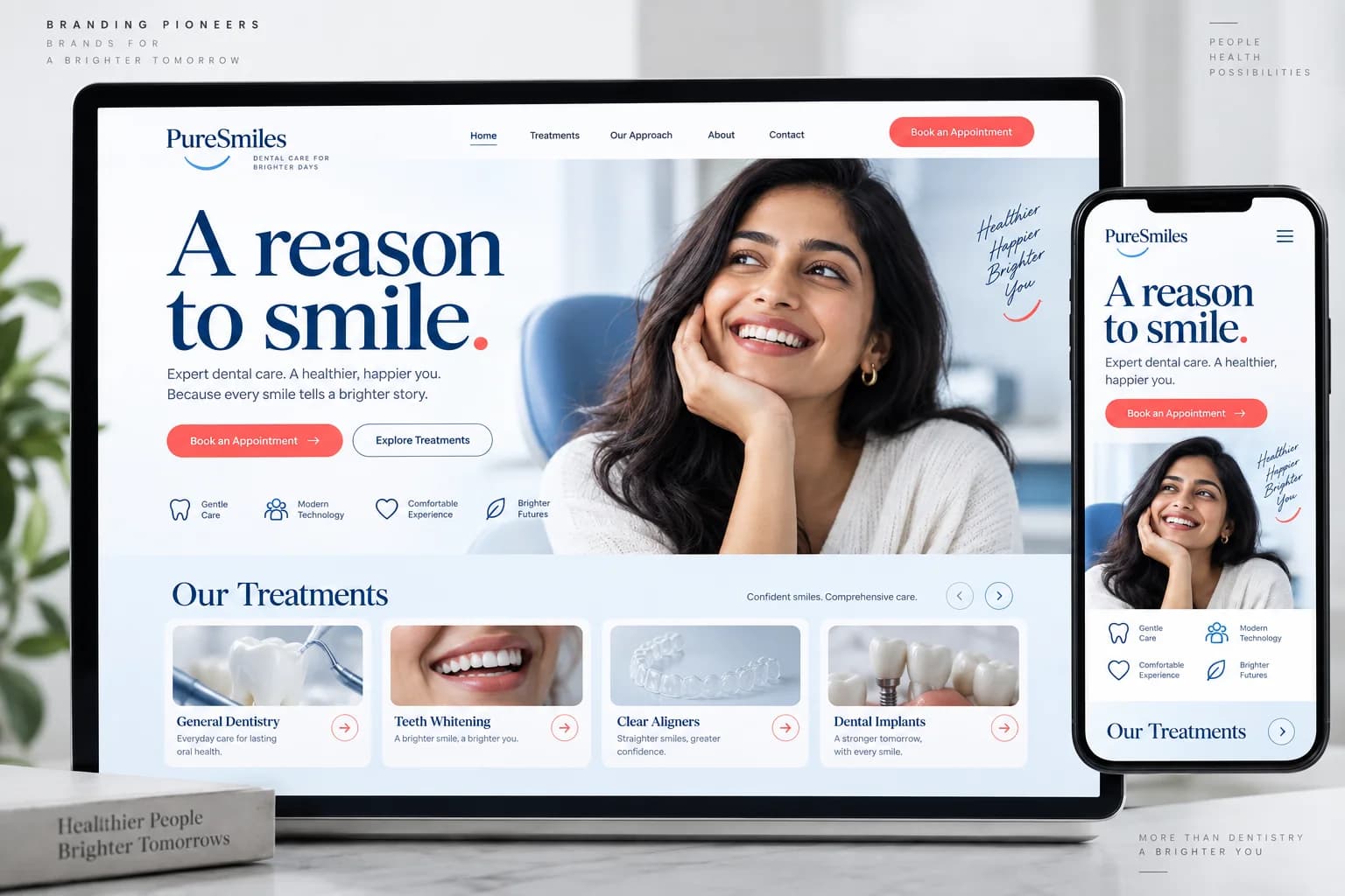 Dental clinic desktop and mobile website design in cobalt blue and porcelain white