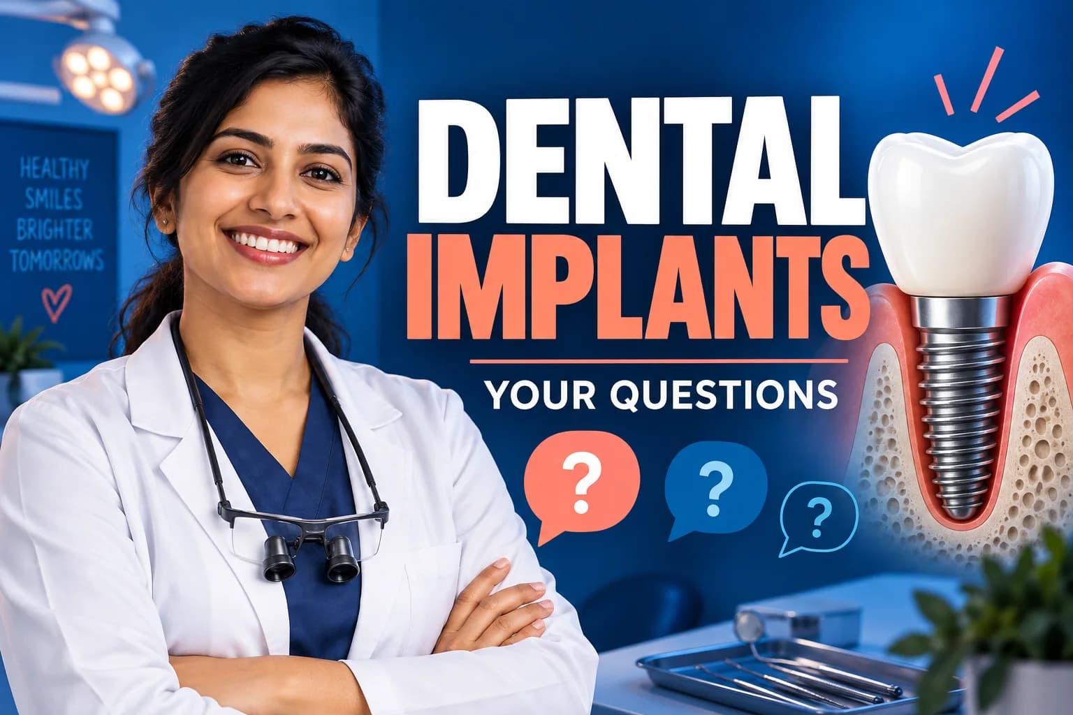Dental implants educational YouTube thumbnail concept with dentist and tooth illustration