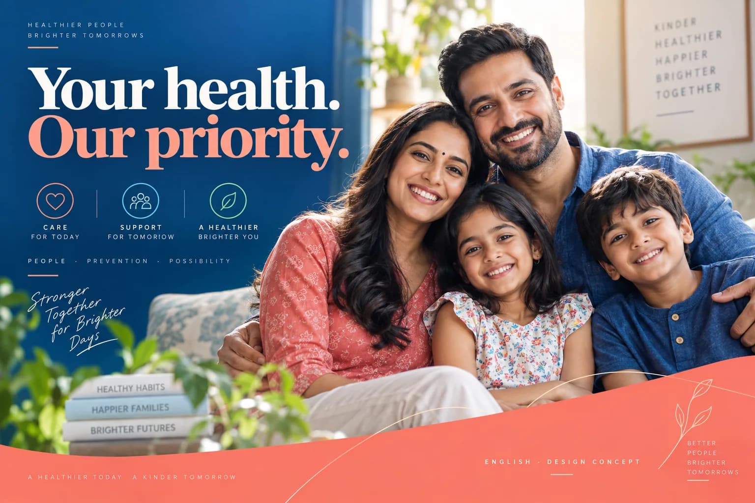 English healthcare poster concept with Indian family portrait and blue and coral typography