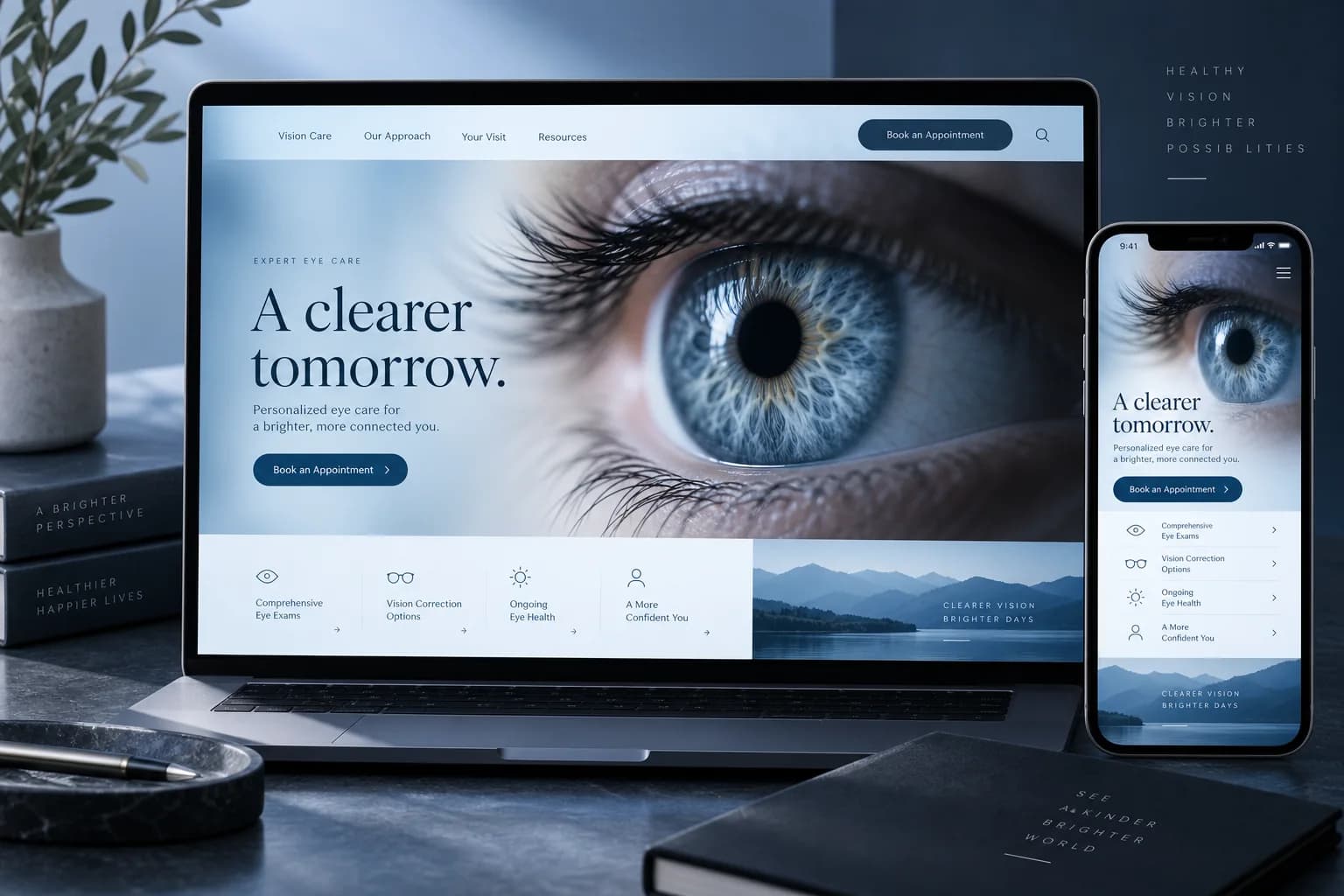 Ophthalmology website concept with eye photography and sky blue desktop and mobile interfaces