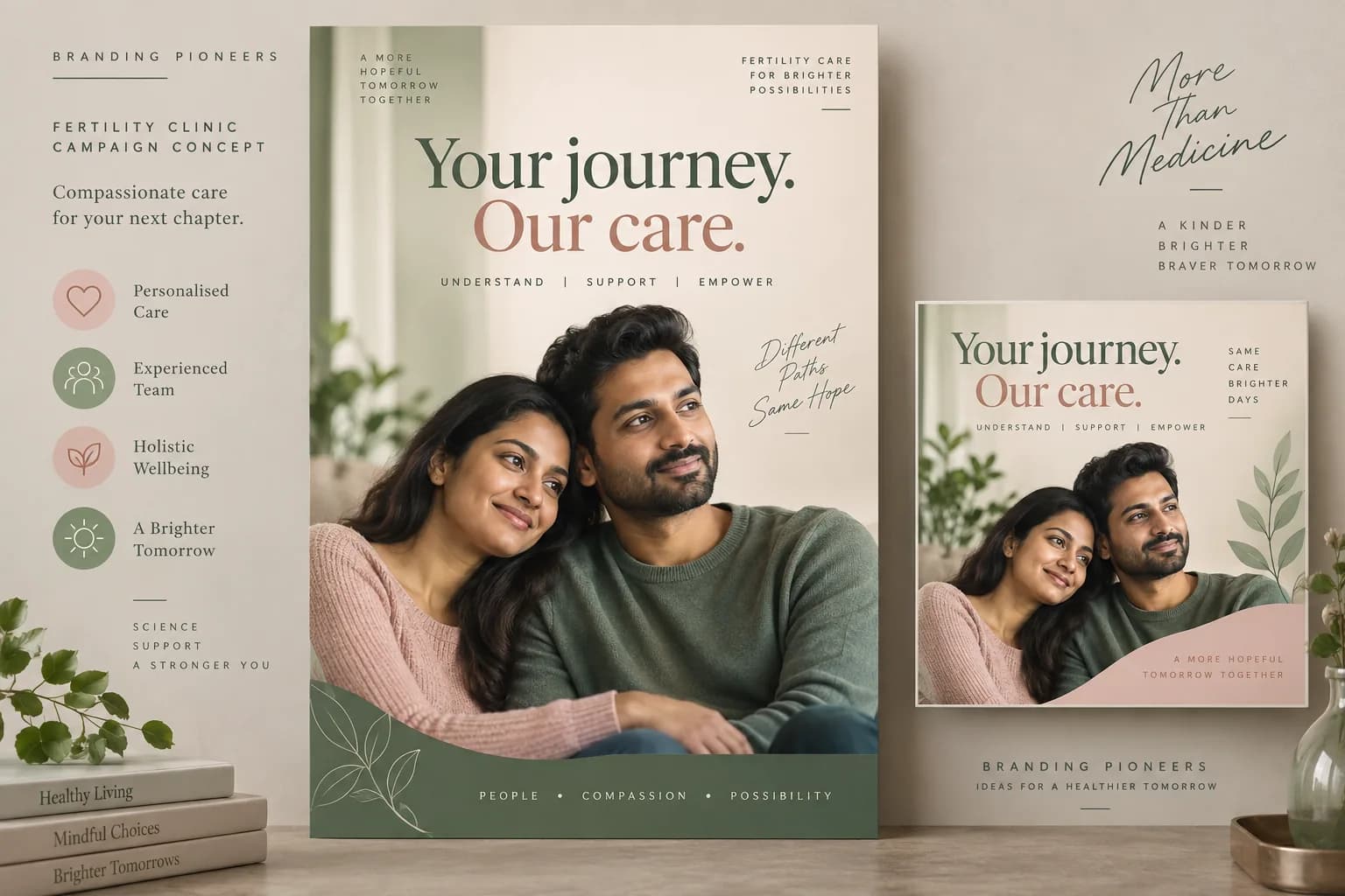 Fertility clinic poster and social campaign concept in sage green and blush