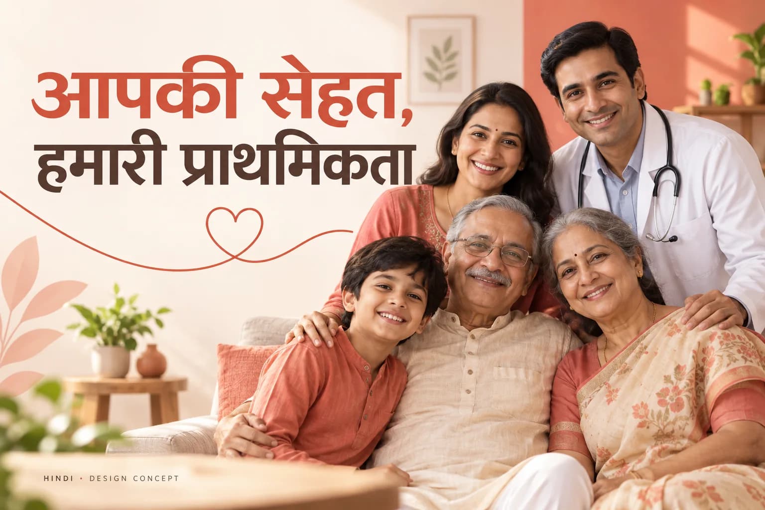 Hindi healthcare poster concept with Devanagari headline and Indian family portrait
