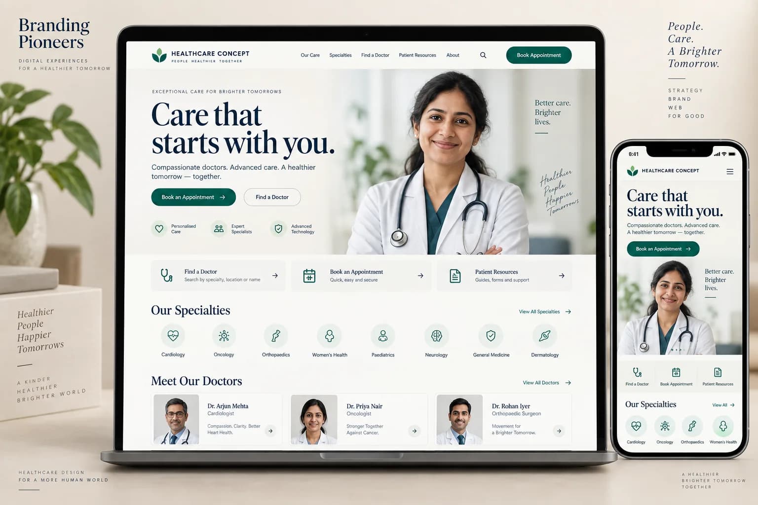 Hospital website concept with emerald appointment interface on desktop and mobile