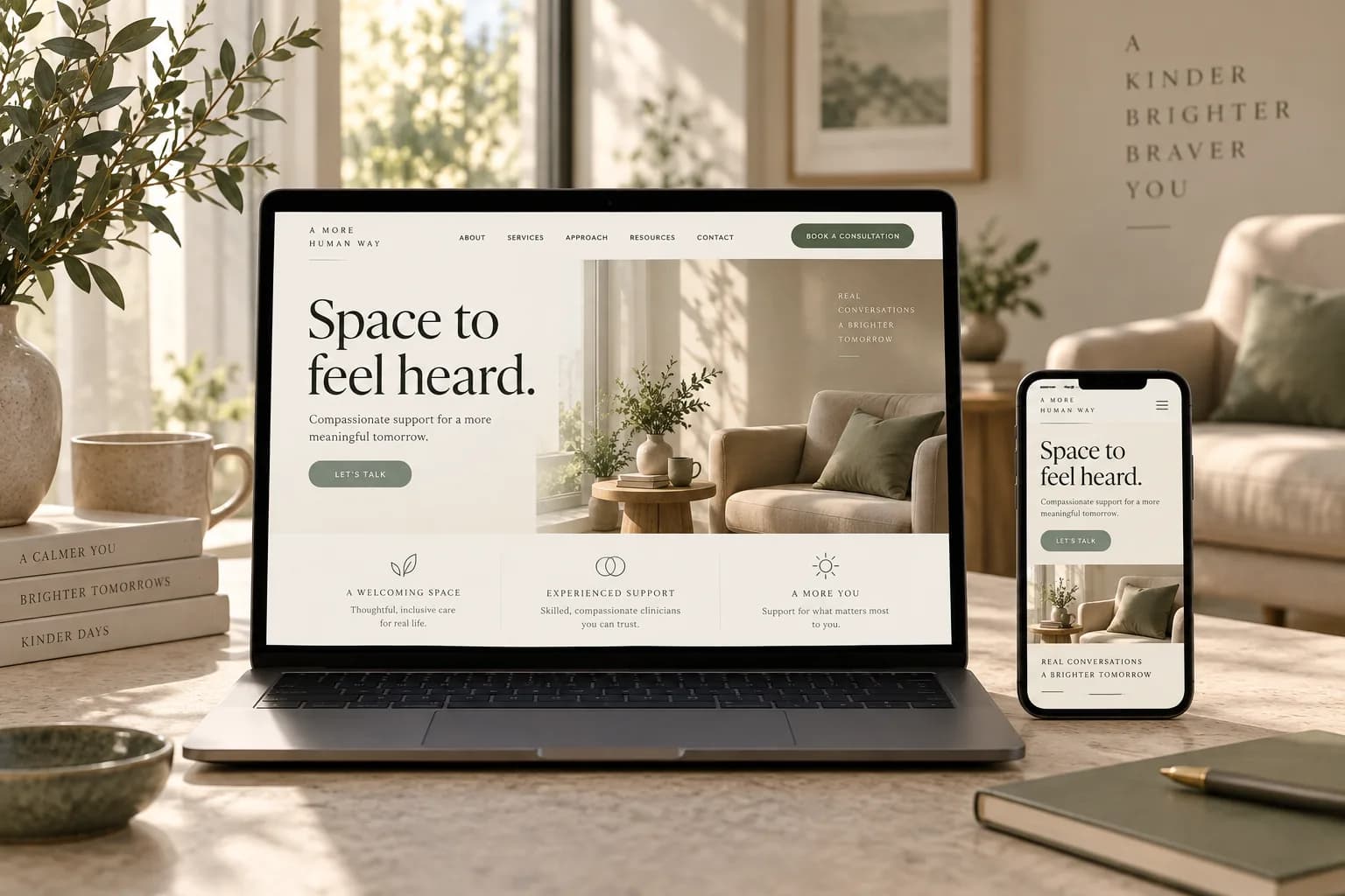 Mental health practice website concept with sage and cream layout and sunlit consultation room