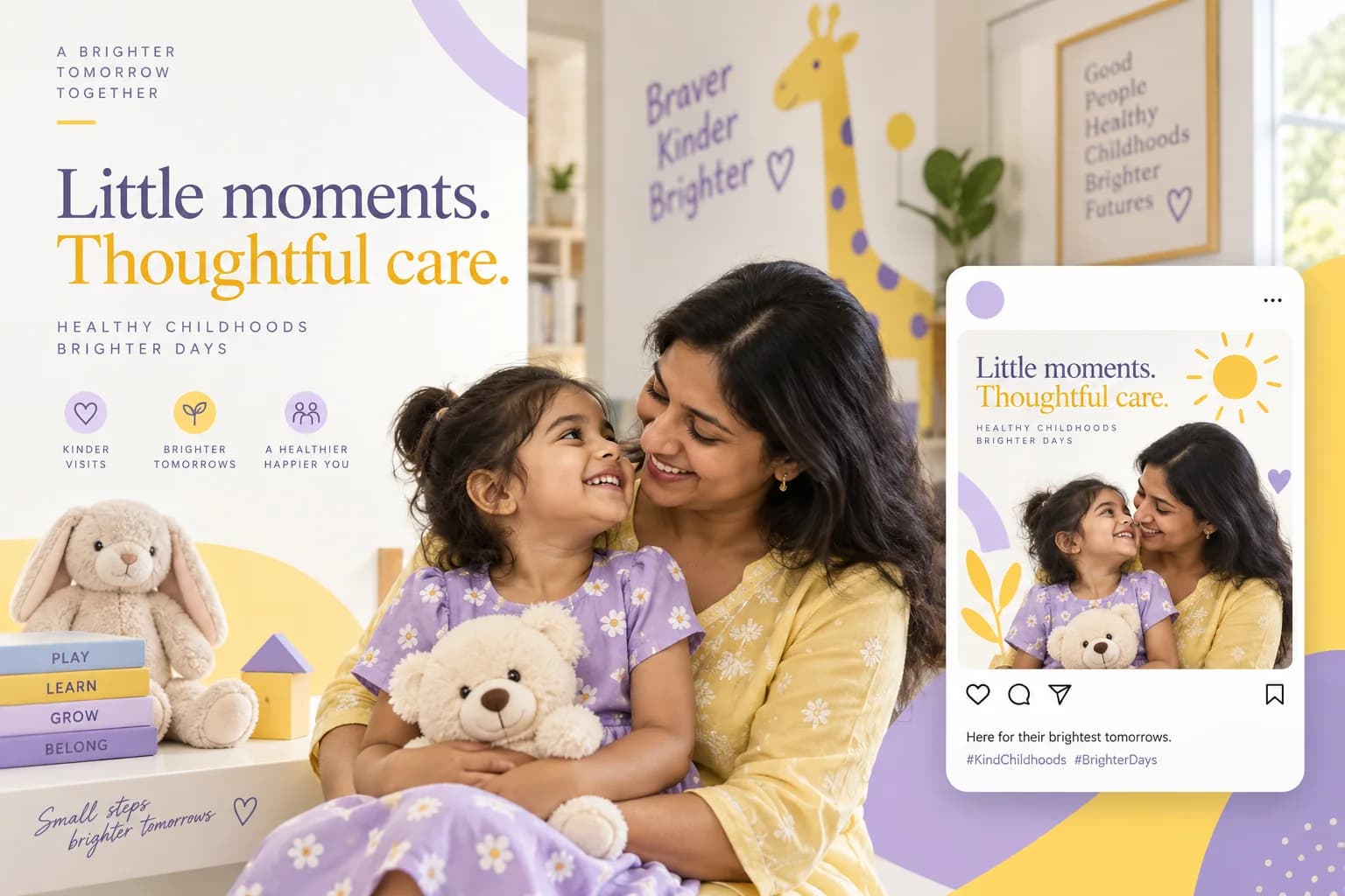Pediatric clinic poster and social card concept with parent and child portrait and playful shapes