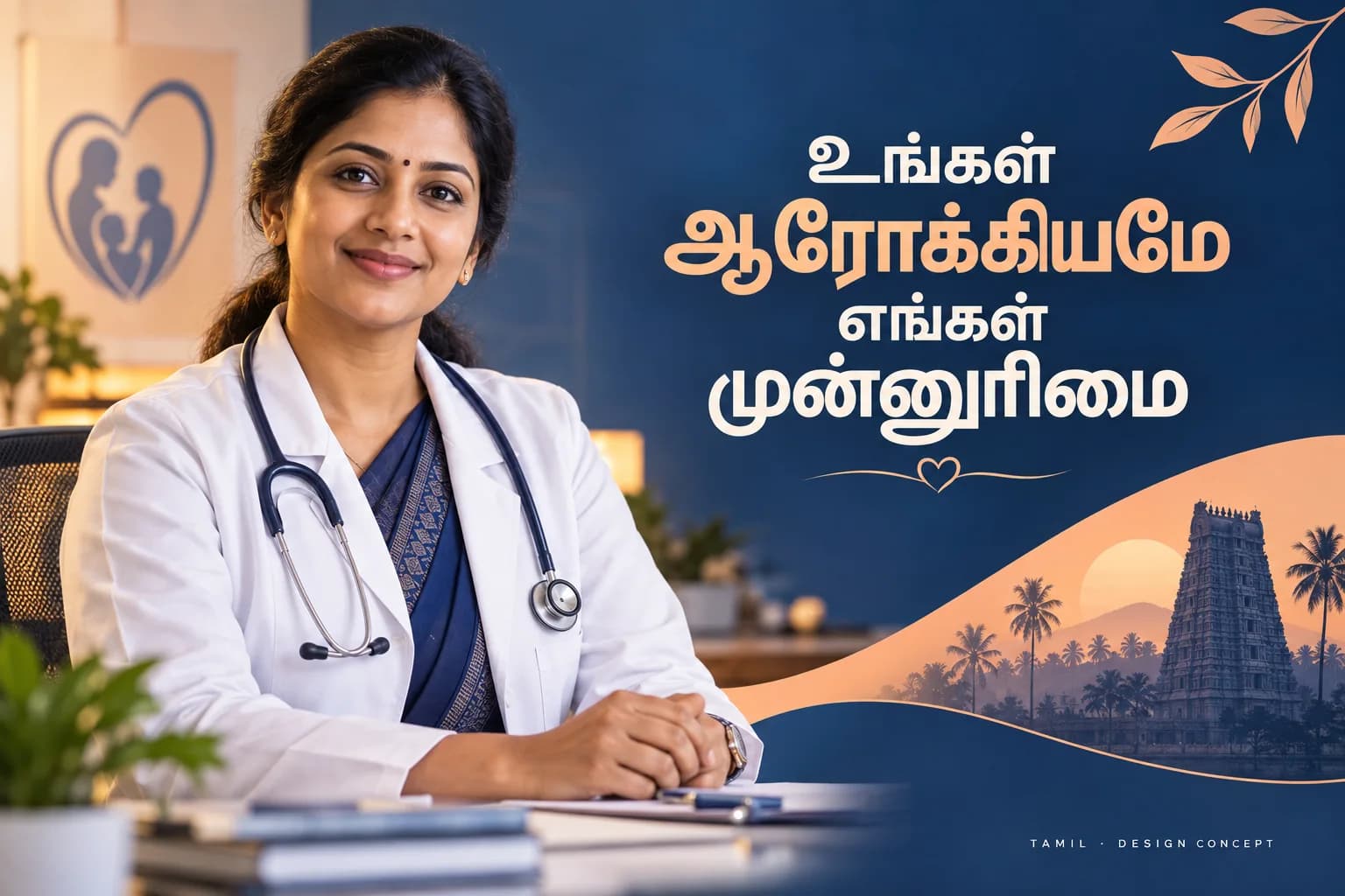Tamil healthcare poster concept with South Indian physician and indigo and apricot design
