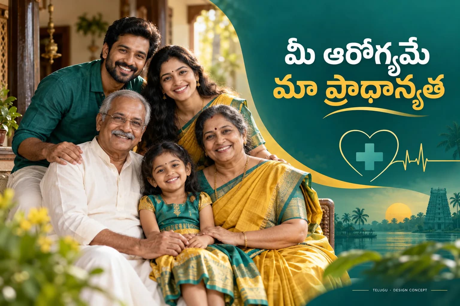 Telugu healthcare poster concept with South Indian family and teal and gold design