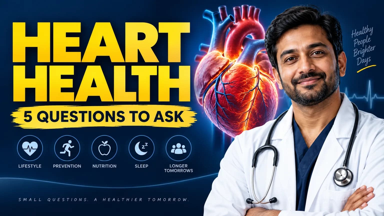 Heart health educational YouTube thumbnail concept with doctor portrait and bold yellow headline