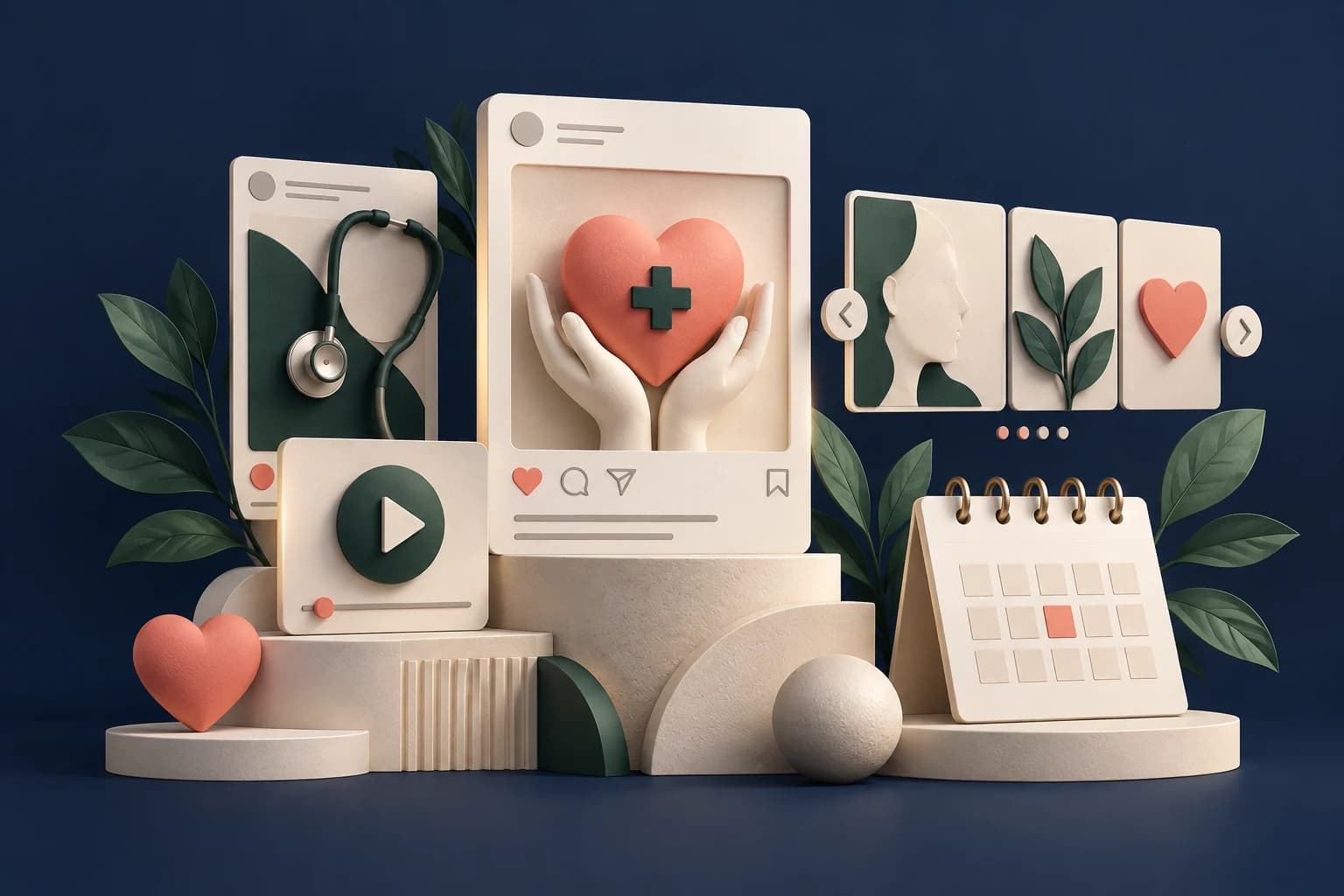 Social content workflow: ivory sculptural marketing tools on a navy background