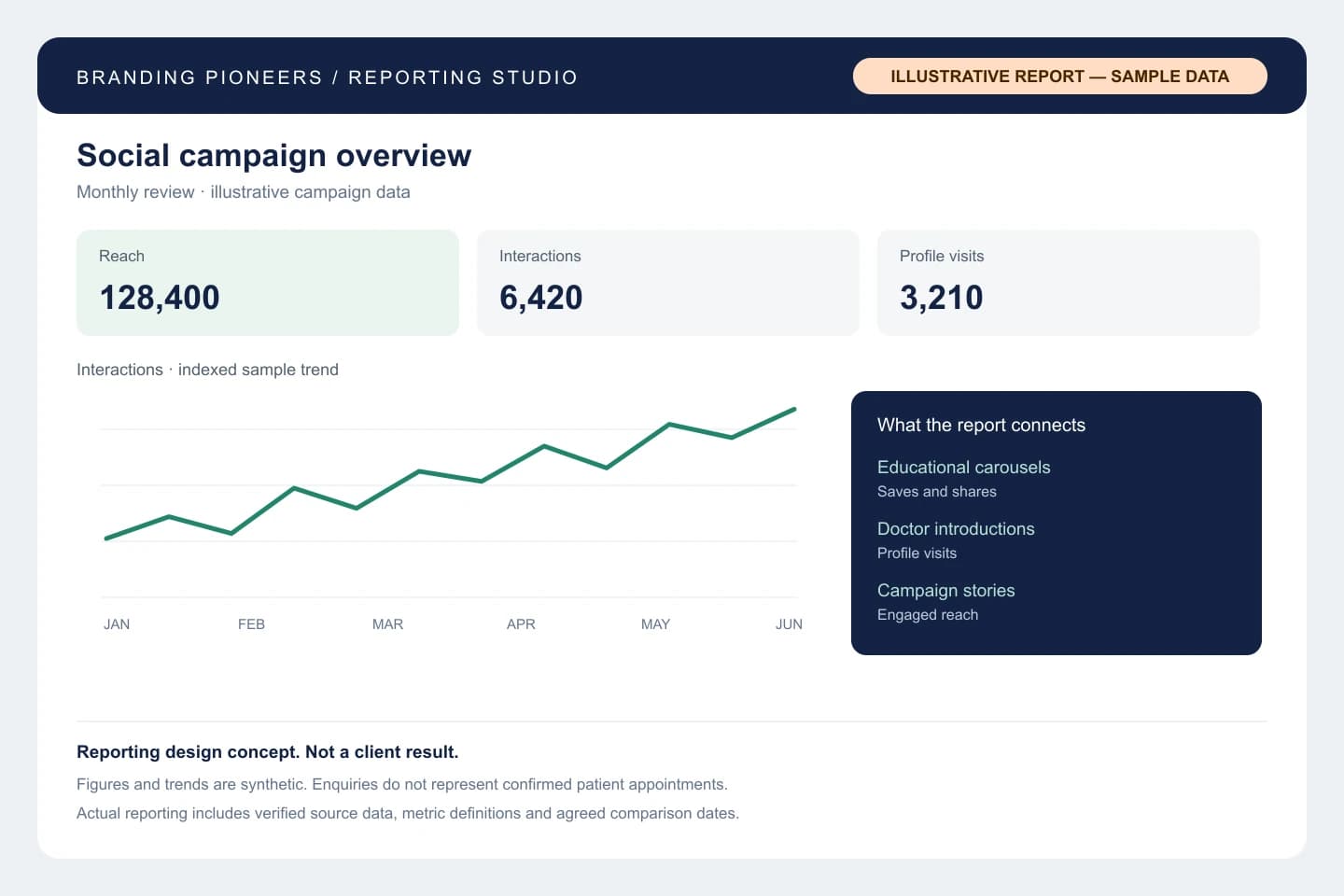 Social campaign reporting design, prominently labeled illustrative report with sample data