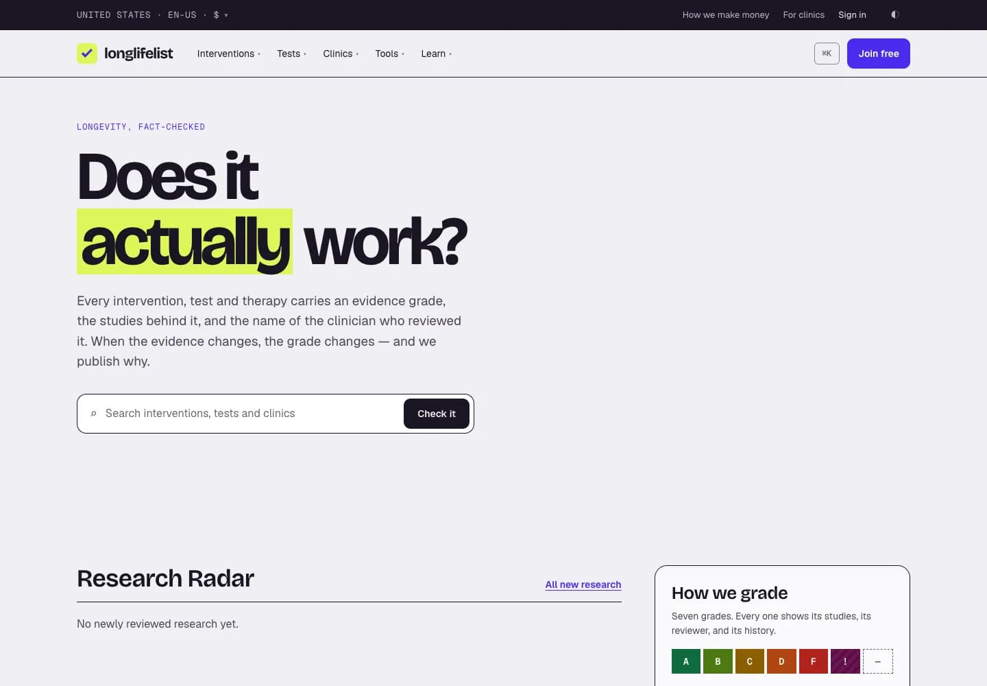 LongLife List website homepage