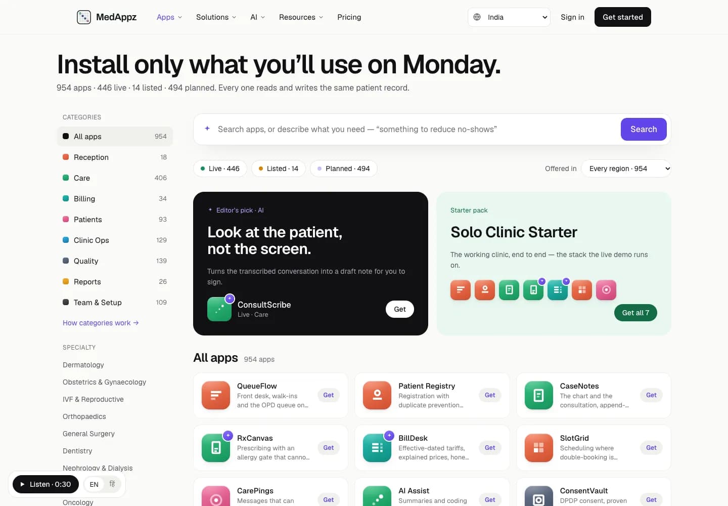 MedAppz app store, browsable by function and specialty