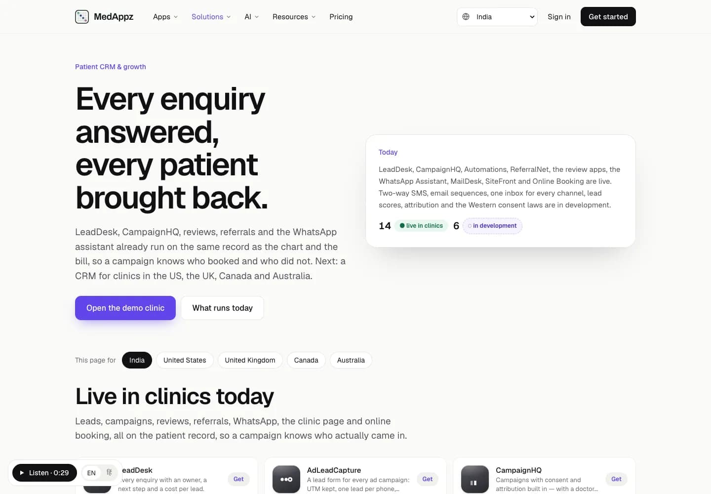 MedAppz patient CRM page