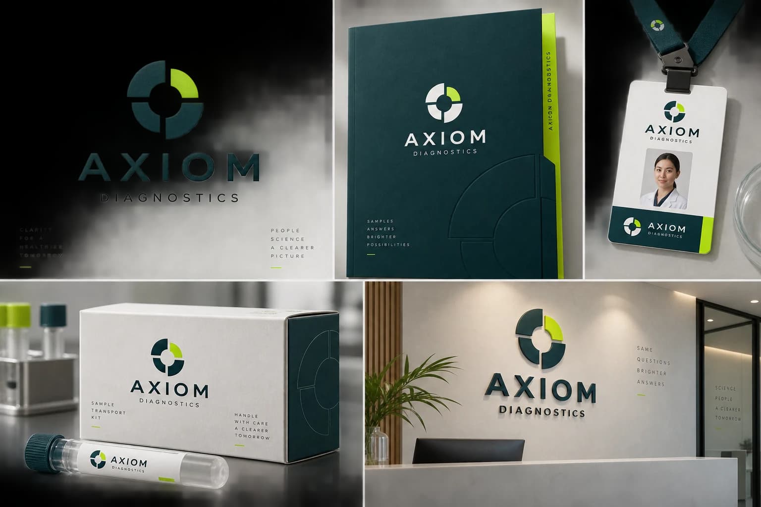 Axiom Diagnostics identity concept showing a geometric logo, teal report folder, laboratory identification card, sample transport packaging and reception sign.