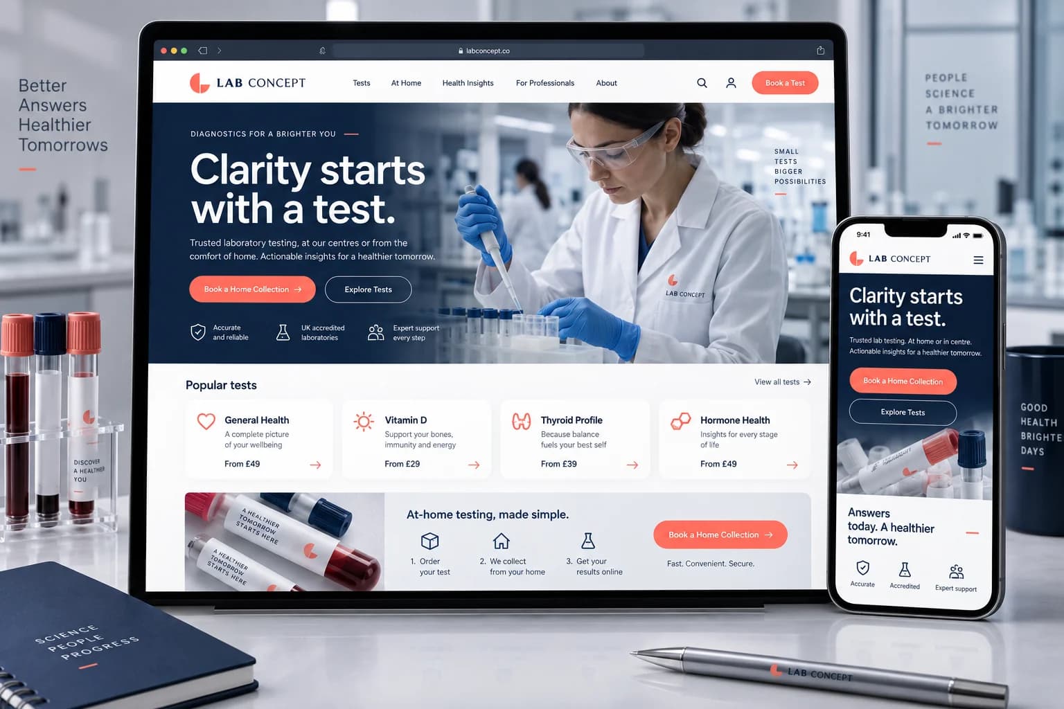 A laboratory website concept with test discovery and home-collection booking across desktop and mobile.