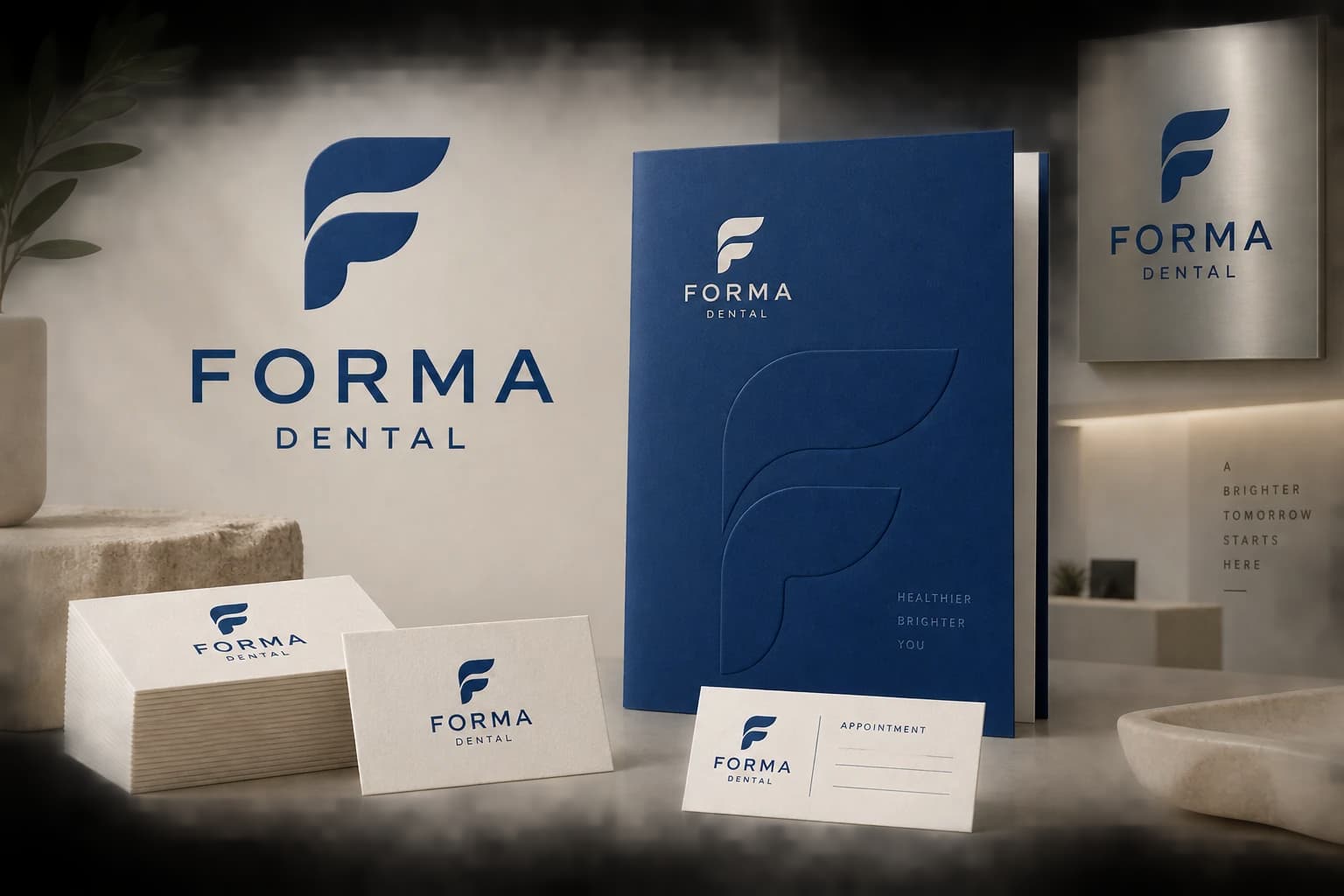 Forma Dental identity concept with a cobalt monogram, ivory stationery, appointment cards, patient folder and reception sign.