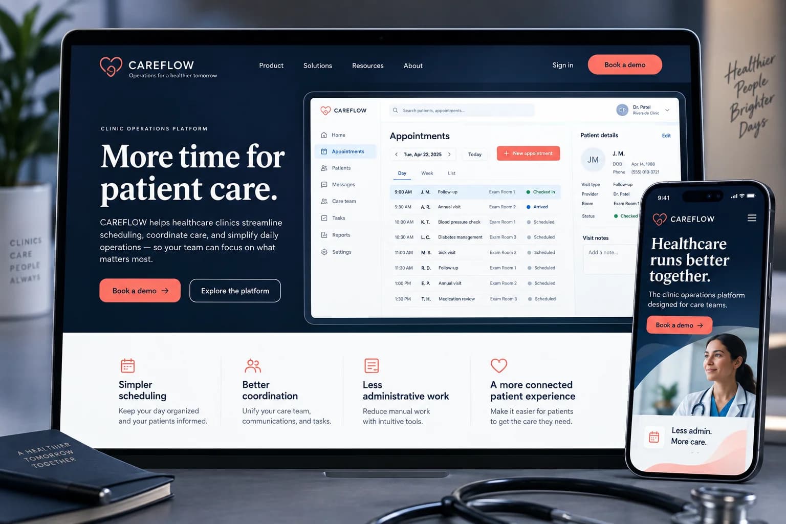 A health-tech website concept with clinic scheduling UI, care-team coordination and a clear demonstration-booking journey.