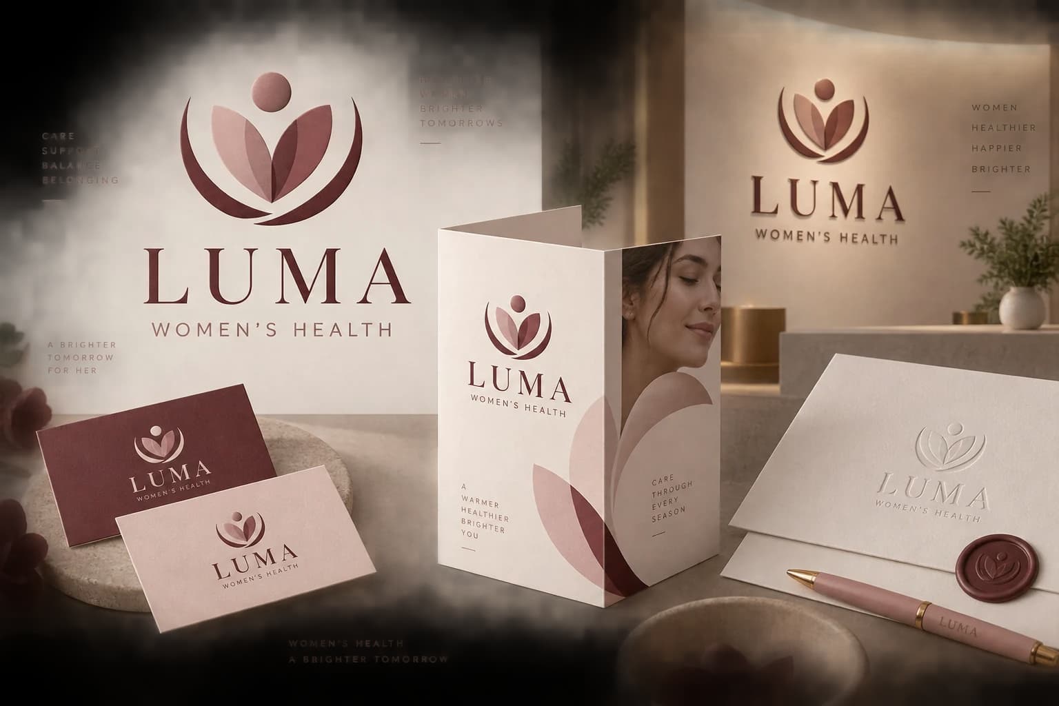 Luma Women’s Health identity concept with a petal logo, burgundy and blush stationery, welcome booklet, business cards and wall signage.