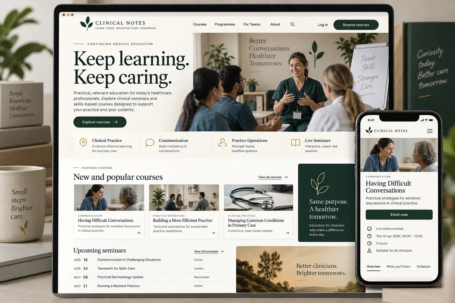 A continuing medical education website concept with course discovery, clinician seminars and mobile programme details.