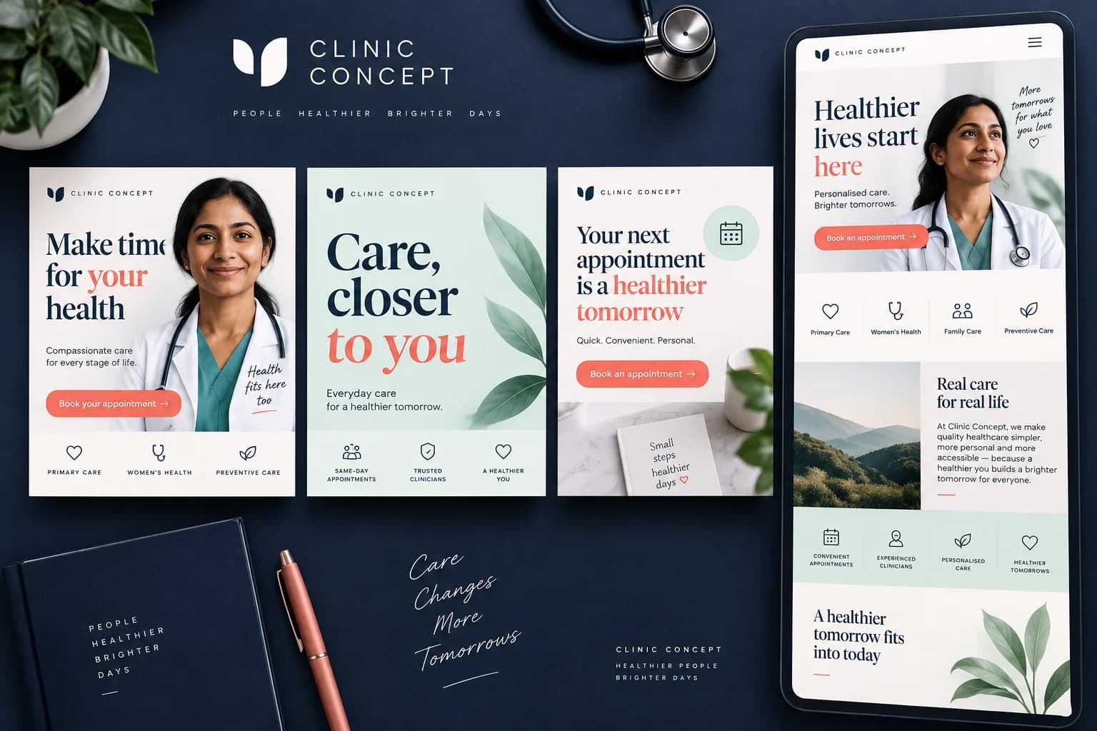 Three complementary ad creatives and an appointment-focused landing-page concept.